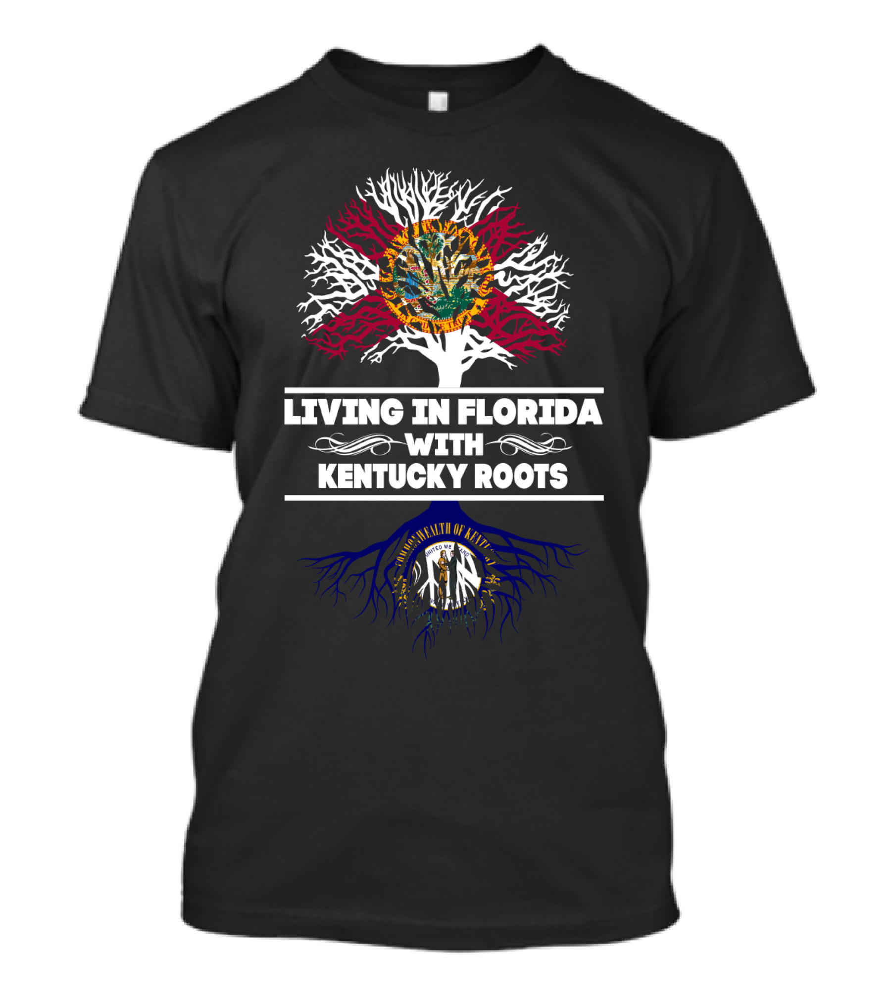 Living In Florida With Kentucky Roots Featuring State Seals And Tree T-Shirt