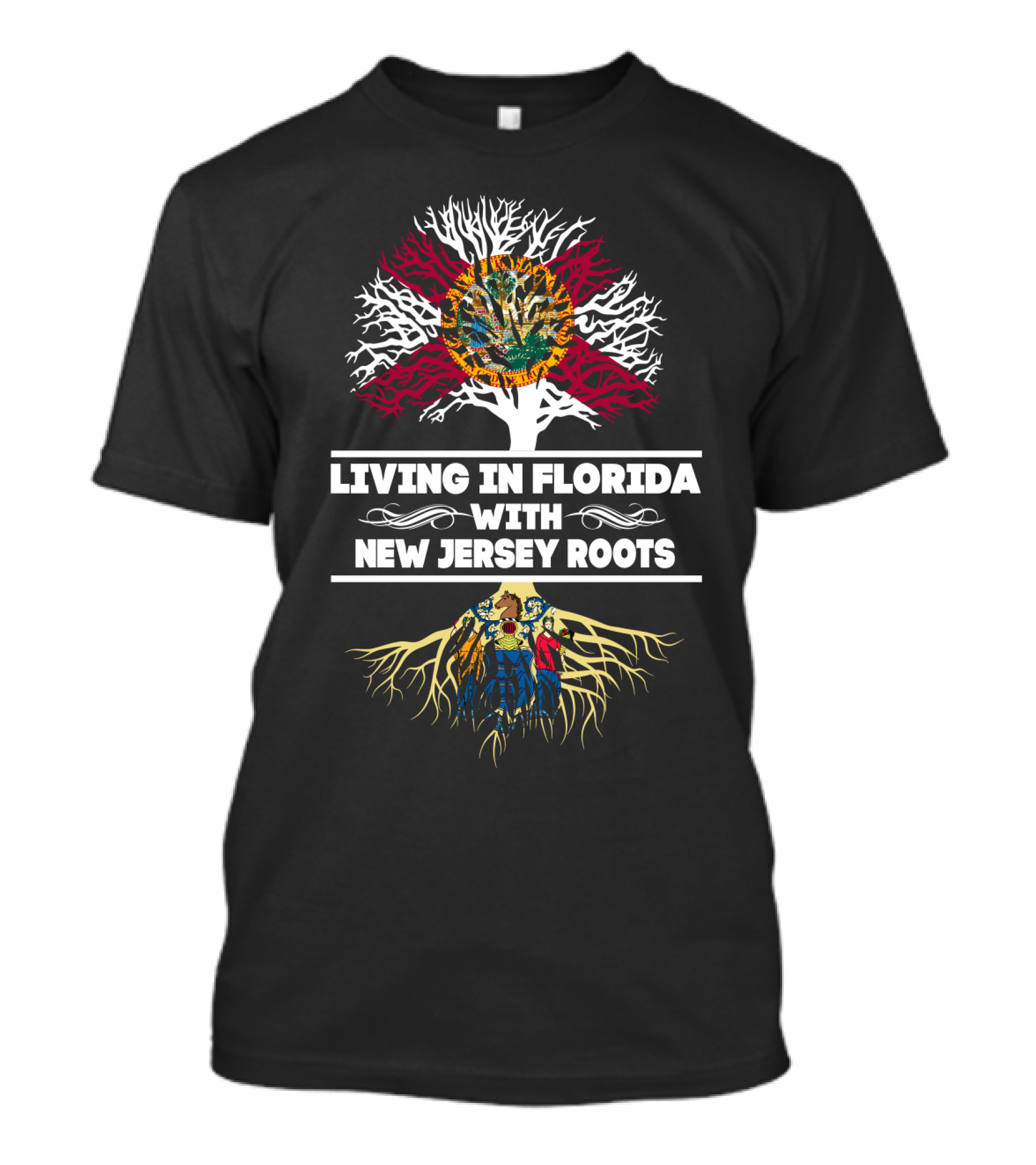Living In Florida With New Jersey Roots State Flags Tree T-Shirt