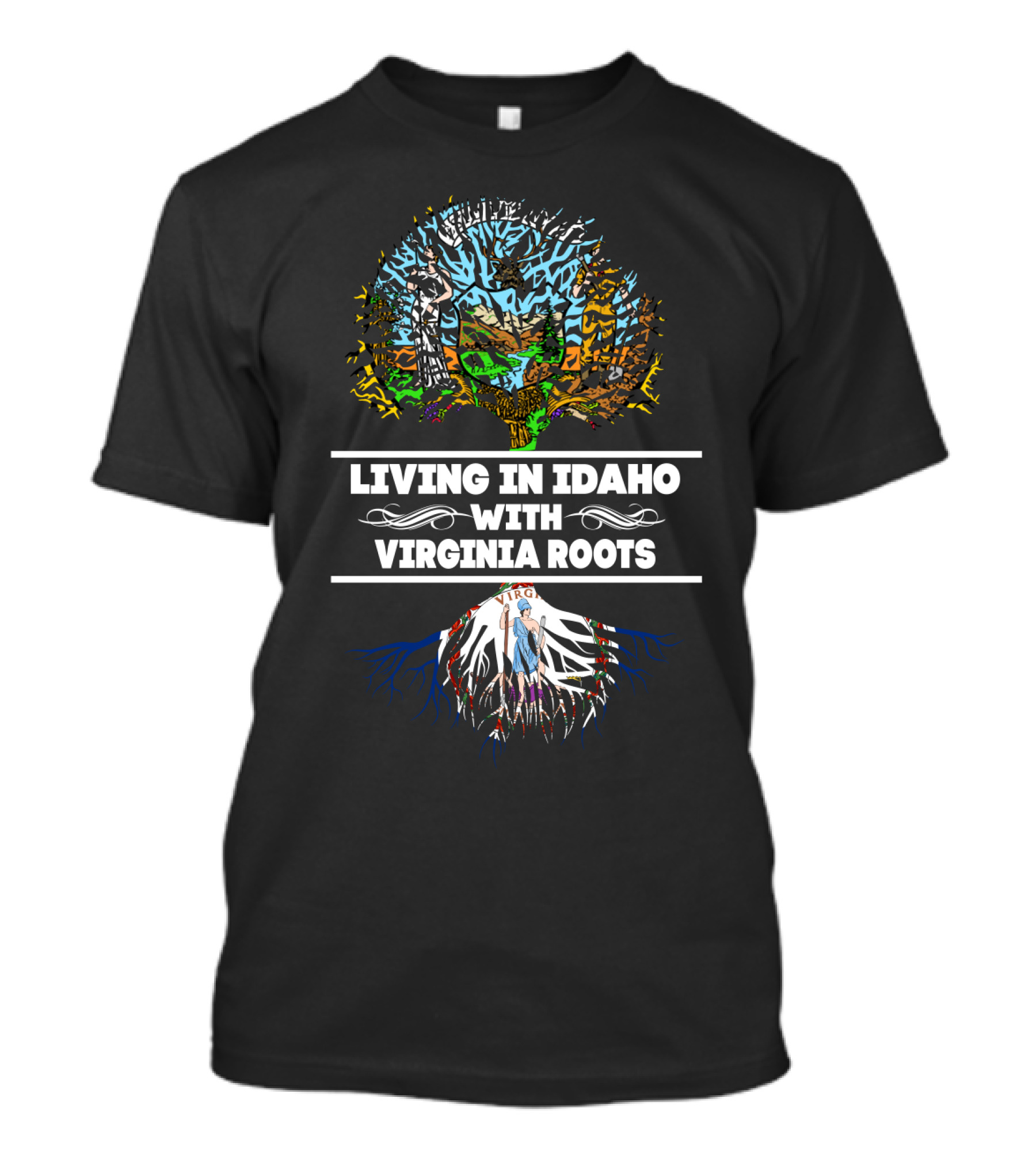 Idaho Living Virginia Roots Tree Design With Virginia State Flag Elements T-Shirt