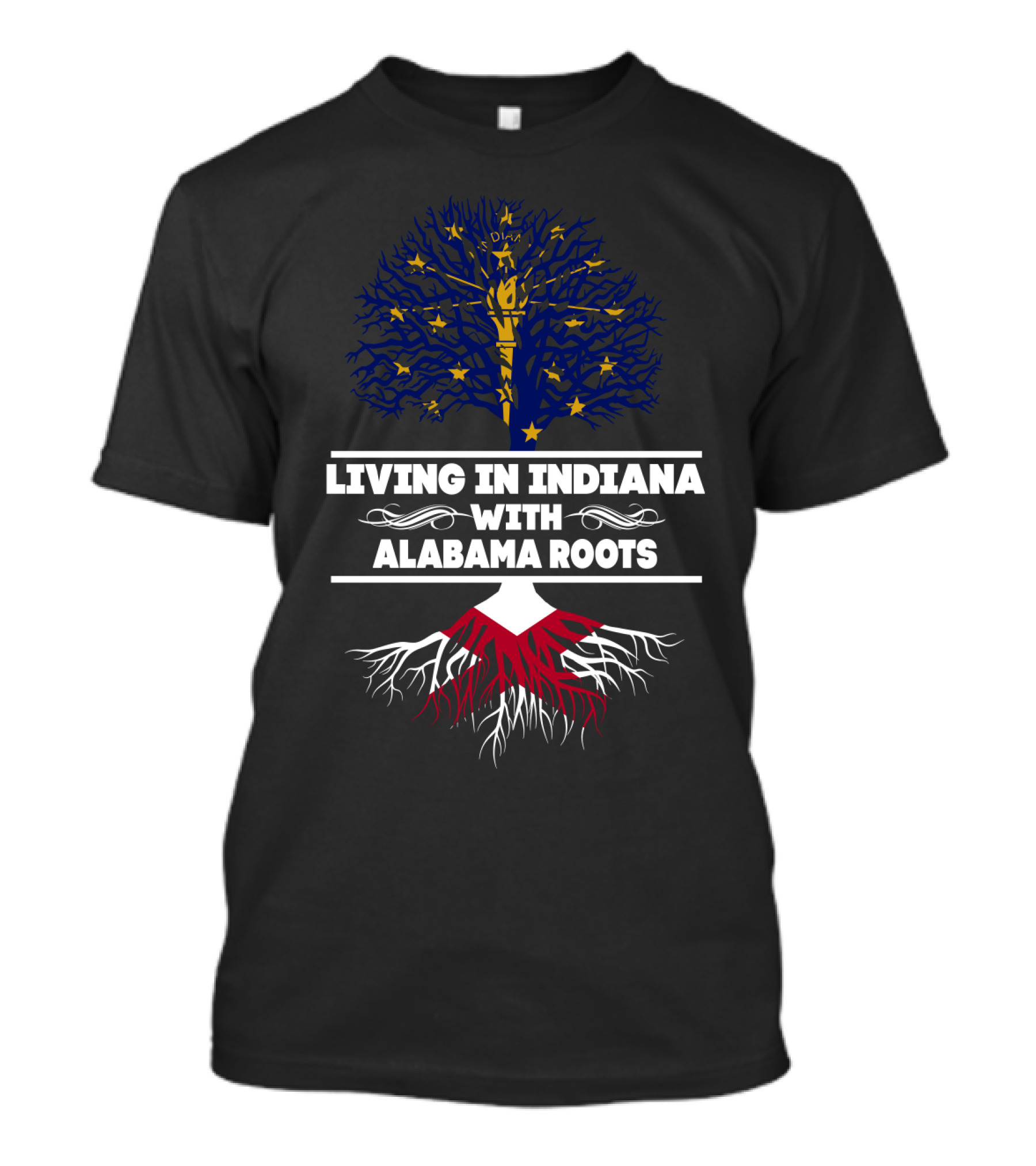 Indiana Living Celebrating Deep Alabama Roots With Tree Imagery And State Colors T-Shirt
