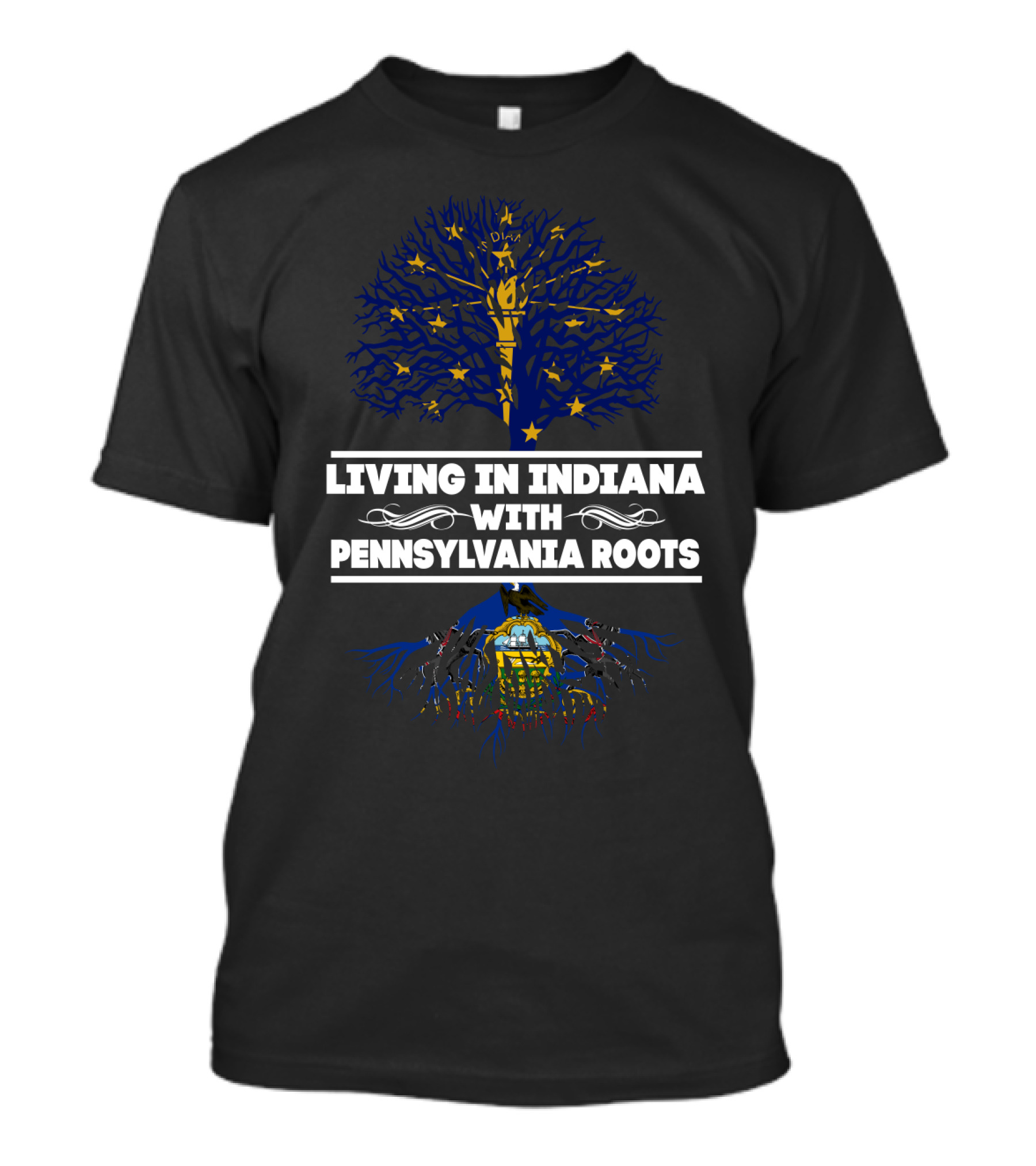 Living In Indiana With Pennsylvania Roots Tree Design Featuring State Symbols T-Shirt