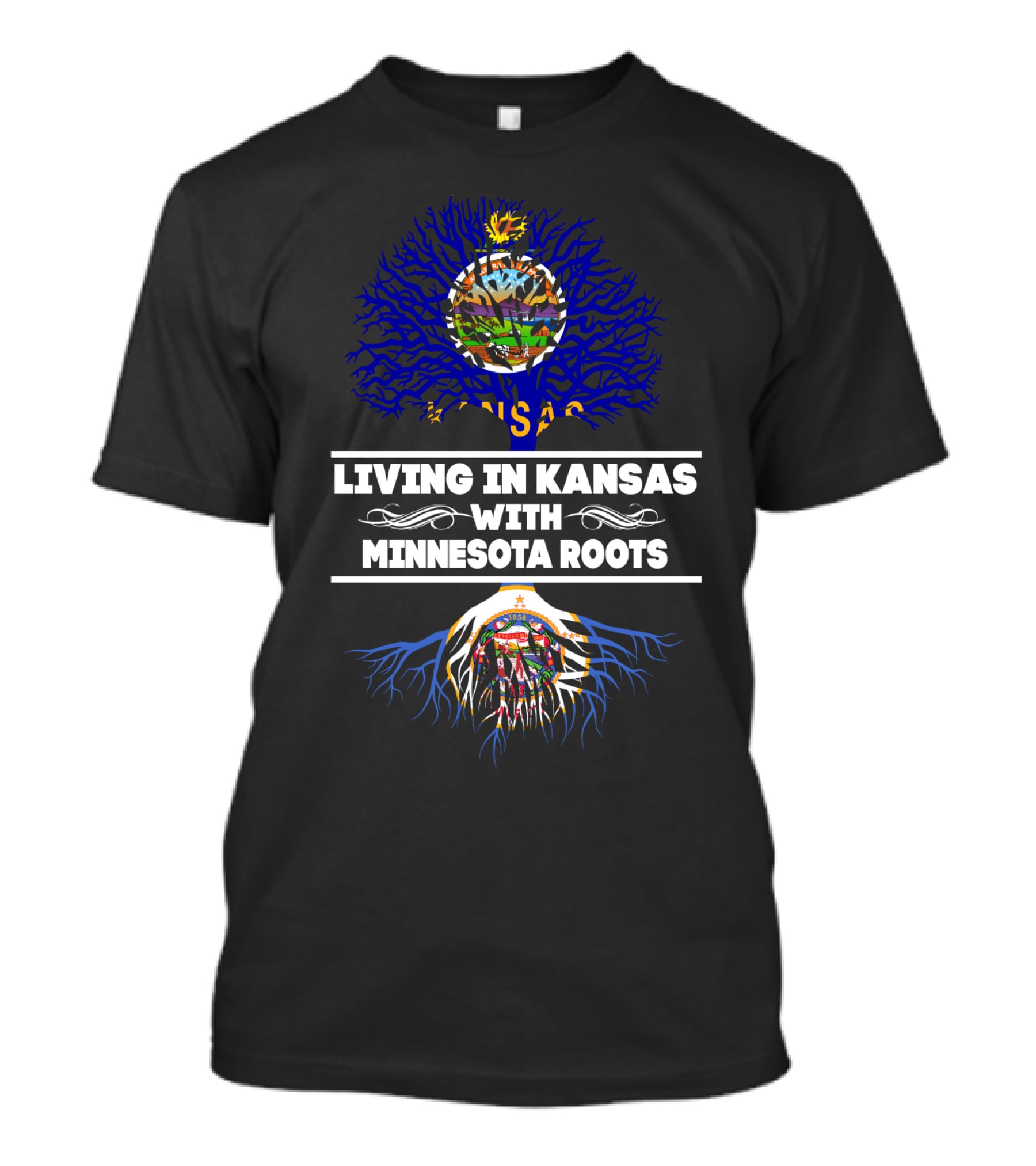 Living In Kansas With Minnesota Roots State Flags In Tree T-Shirt