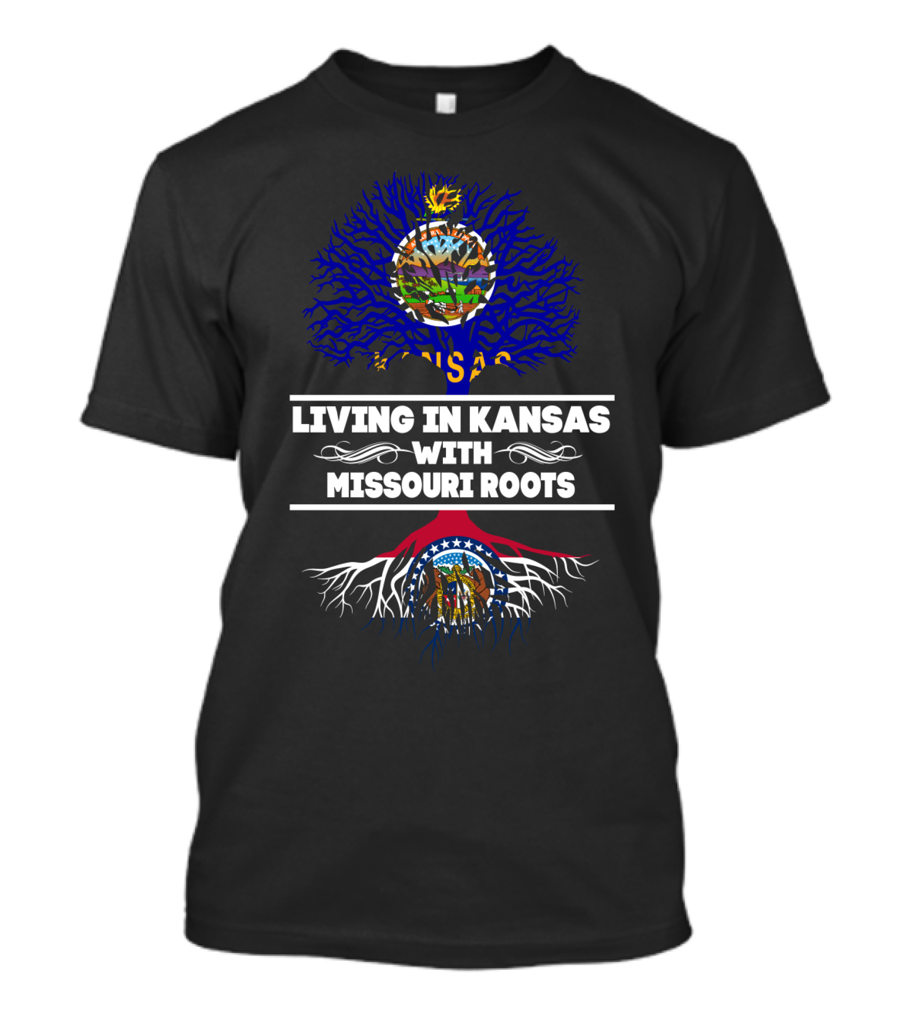Living In Kansas With Missouri Roots Featuring State Emblems And Tree Symbolism T-Shirt