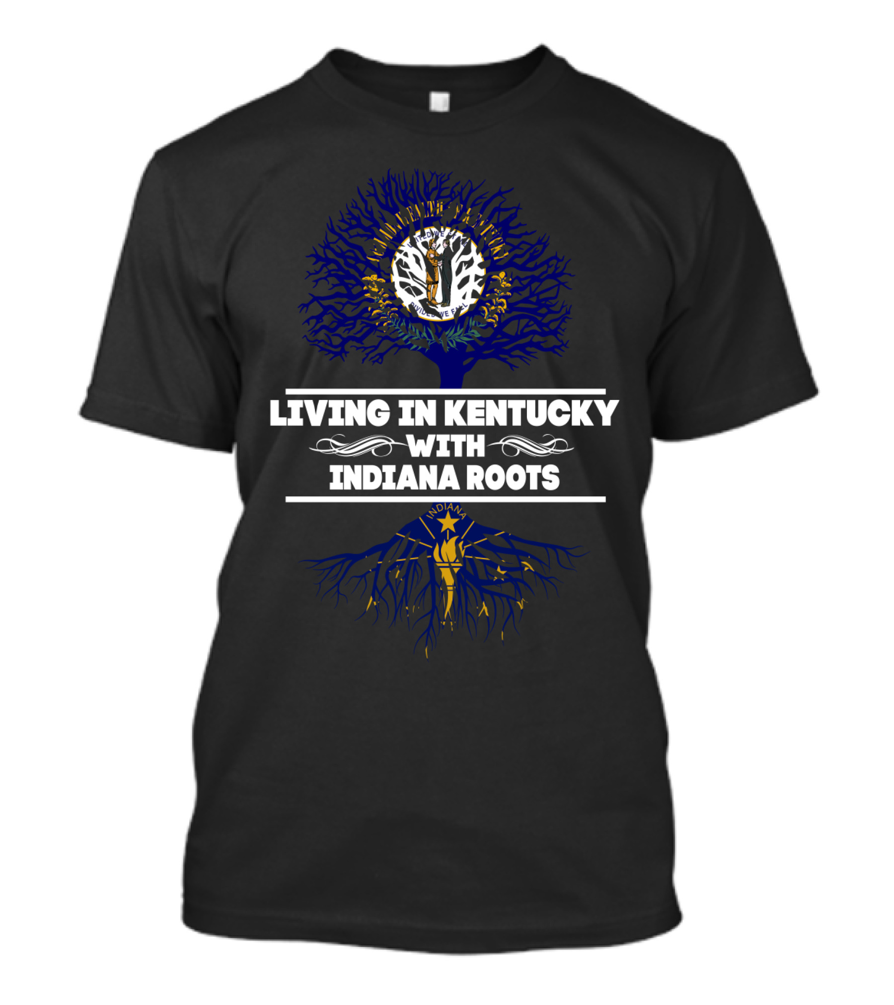 Living In Kentucky With Indiana Roots Tree Design Featuring State Symbols T-Shirt