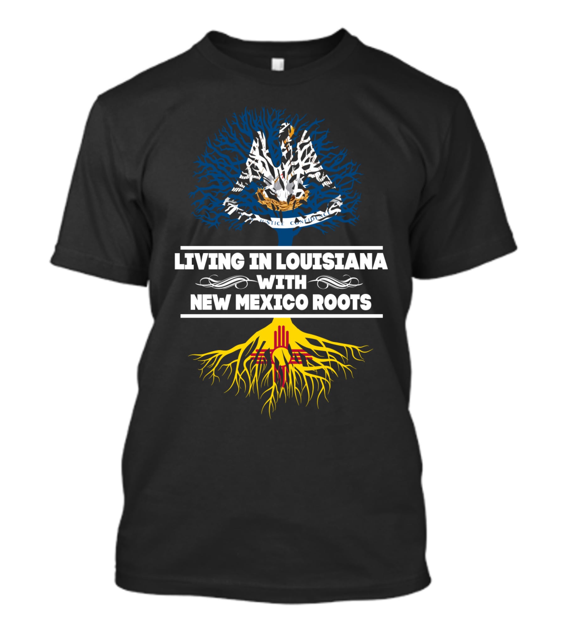 Louisiana Living With New Mexico Roots Featuring Pelican And Zia Symbol Tree T-Shirt