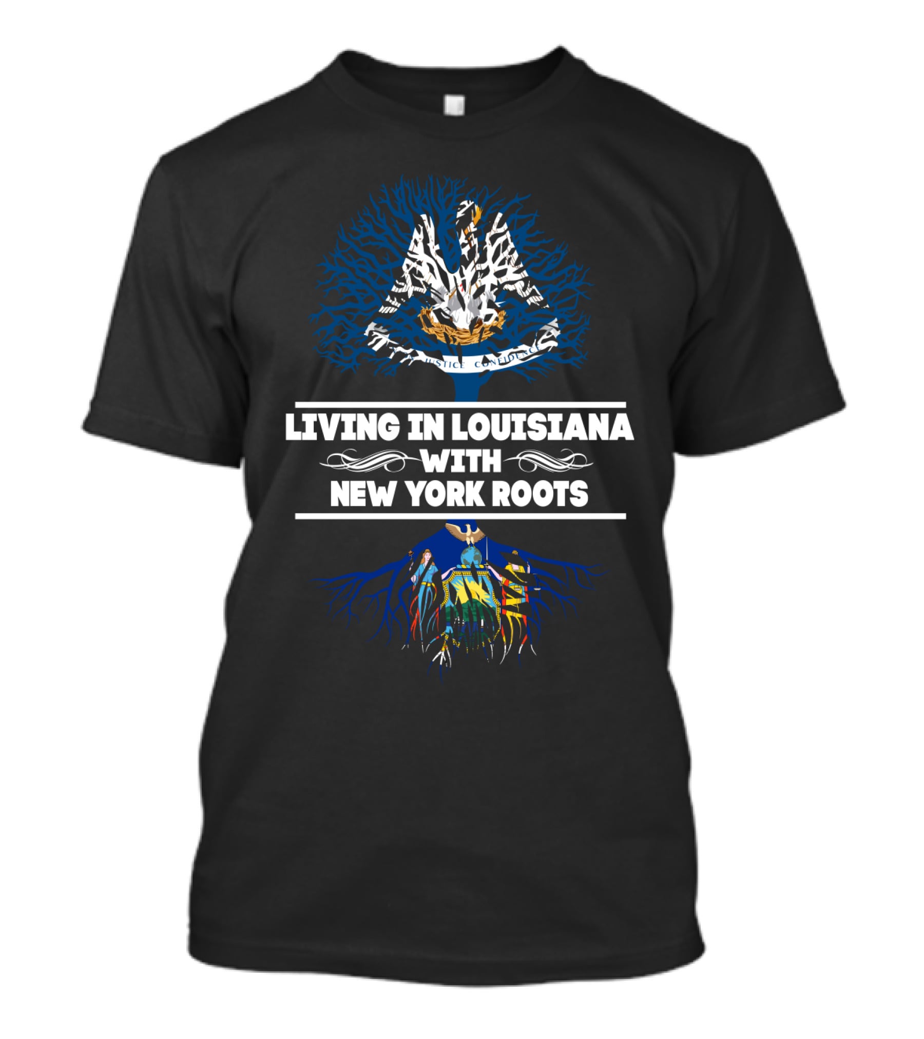 Living In Louisiana With New York Roots Featuring Louisiana State Flag And New York Skyline Tree T-Shirt