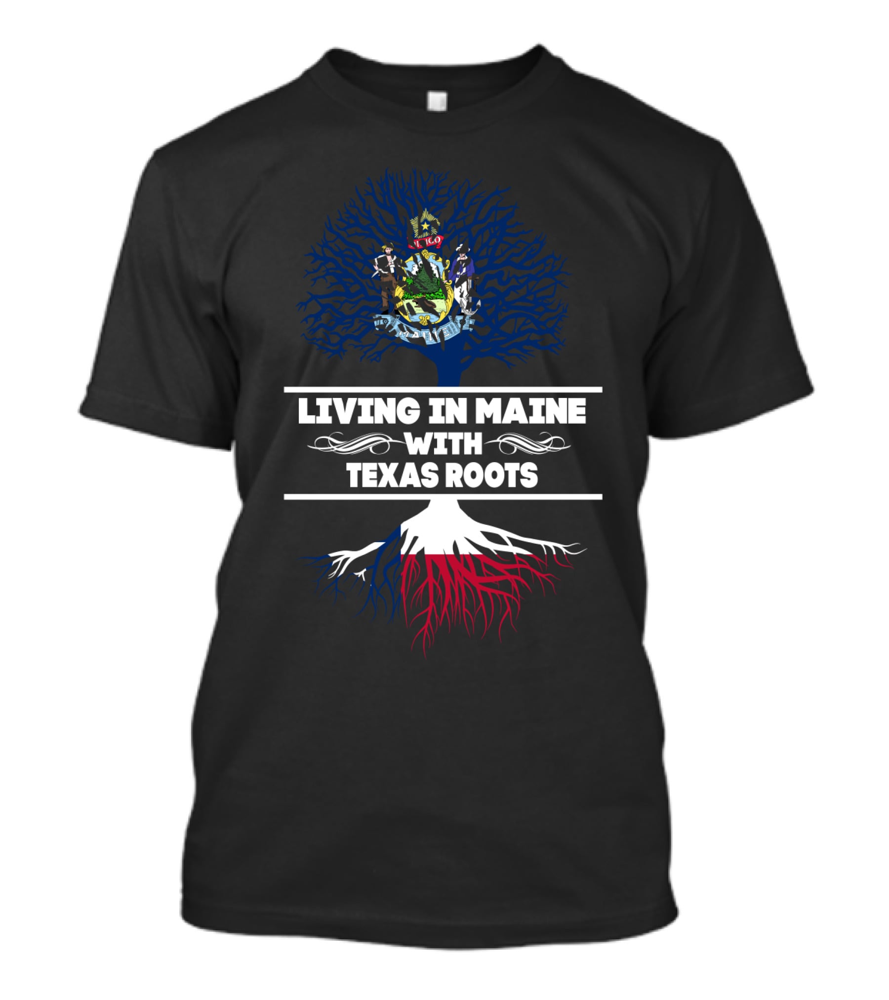 Living In Maine With Texas Roots: State Symbols Blended In Artistic Tree T-Shirt
