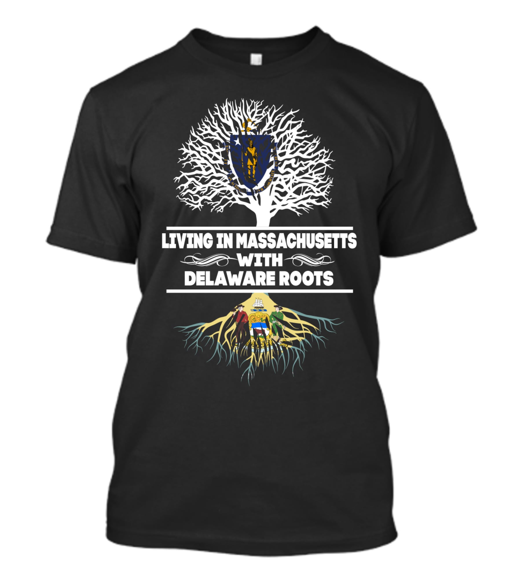 Massachusetts Living With Delaware Roots Tree Design Featuring State Flags T-Shirt