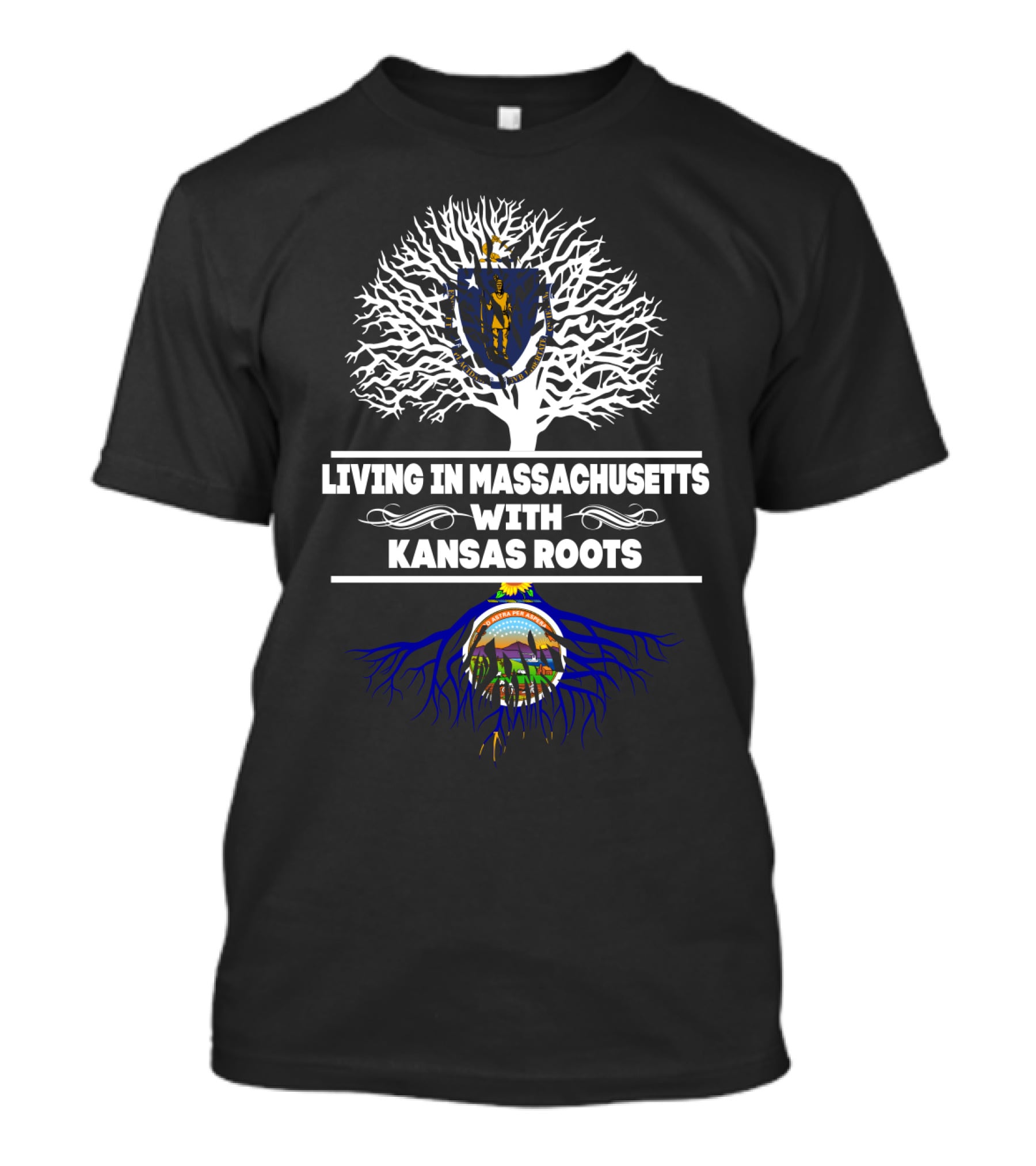 Living In Massachusetts Embracing Kansas Roots With State Crest Symbolism Tree T-Shirt