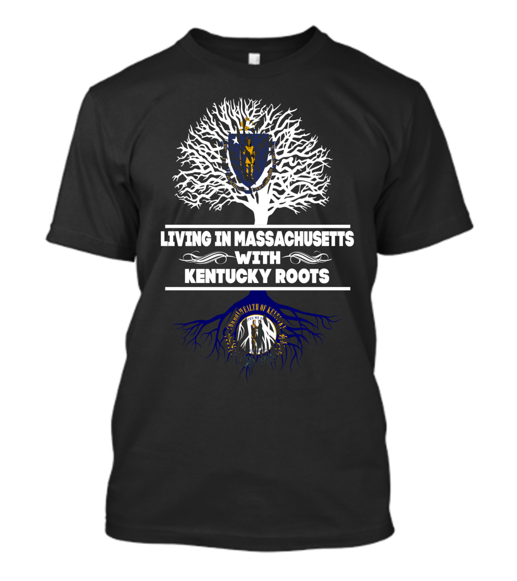 Living In Massachusetts Embracing Kentucky Heritage With State Seals And Tree T-Shirt