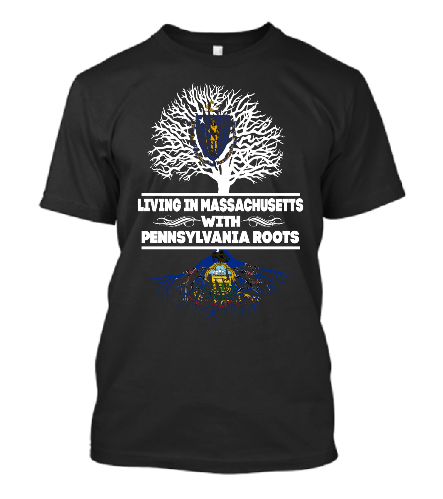 Massachusetts Living Pennsylvania Roots With State Symbols And Tree T-Shirt