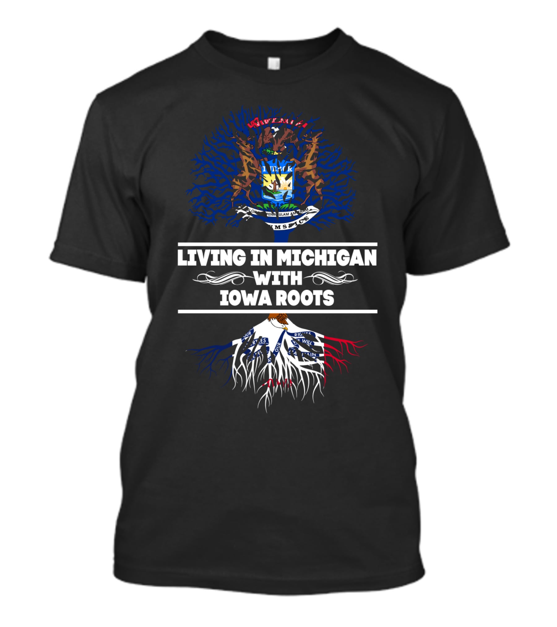 Michigan State Seal And Iowa Flag Roots Connection Emblem: Living In Michigan With Iowa Roots T-Shirt