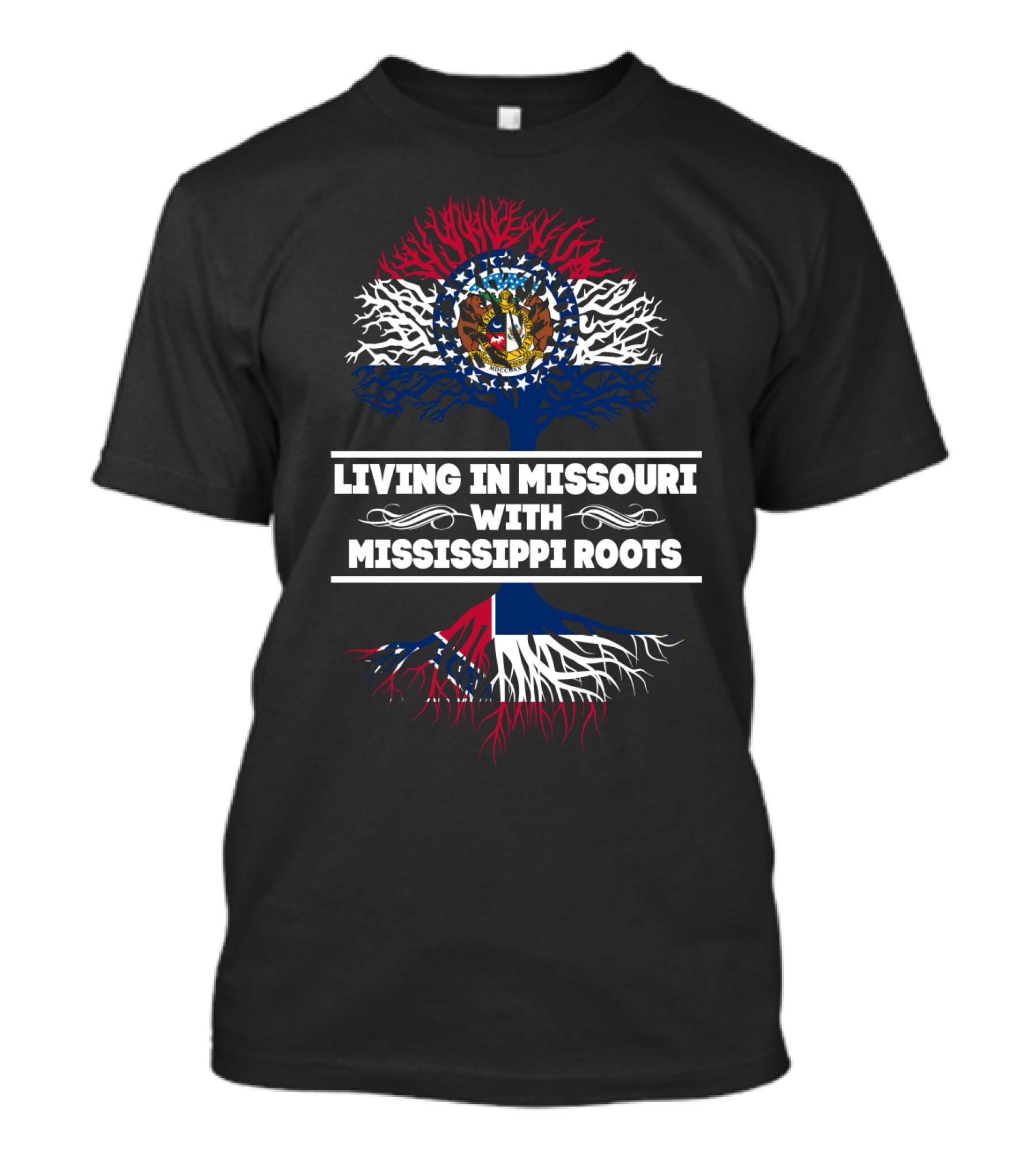 Missouri Heritage With Mississippi Roots Tree Design Featuring State Flags Iconography T-Shirt