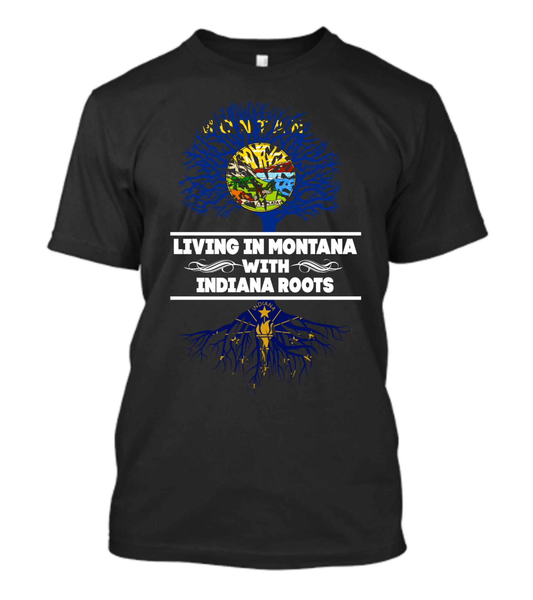 Montana Living Indiana Roots Tree Design With State Flags And Roots Symbolism T-Shirt