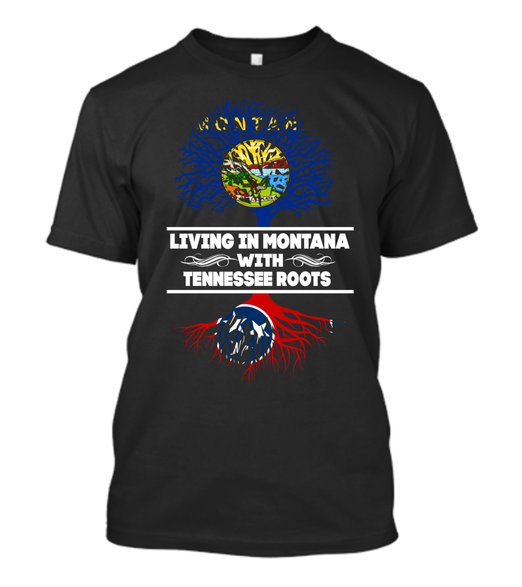 Montana Life Tennessee Roots Tree Design With Blue And Red State Symbols T-Shirt