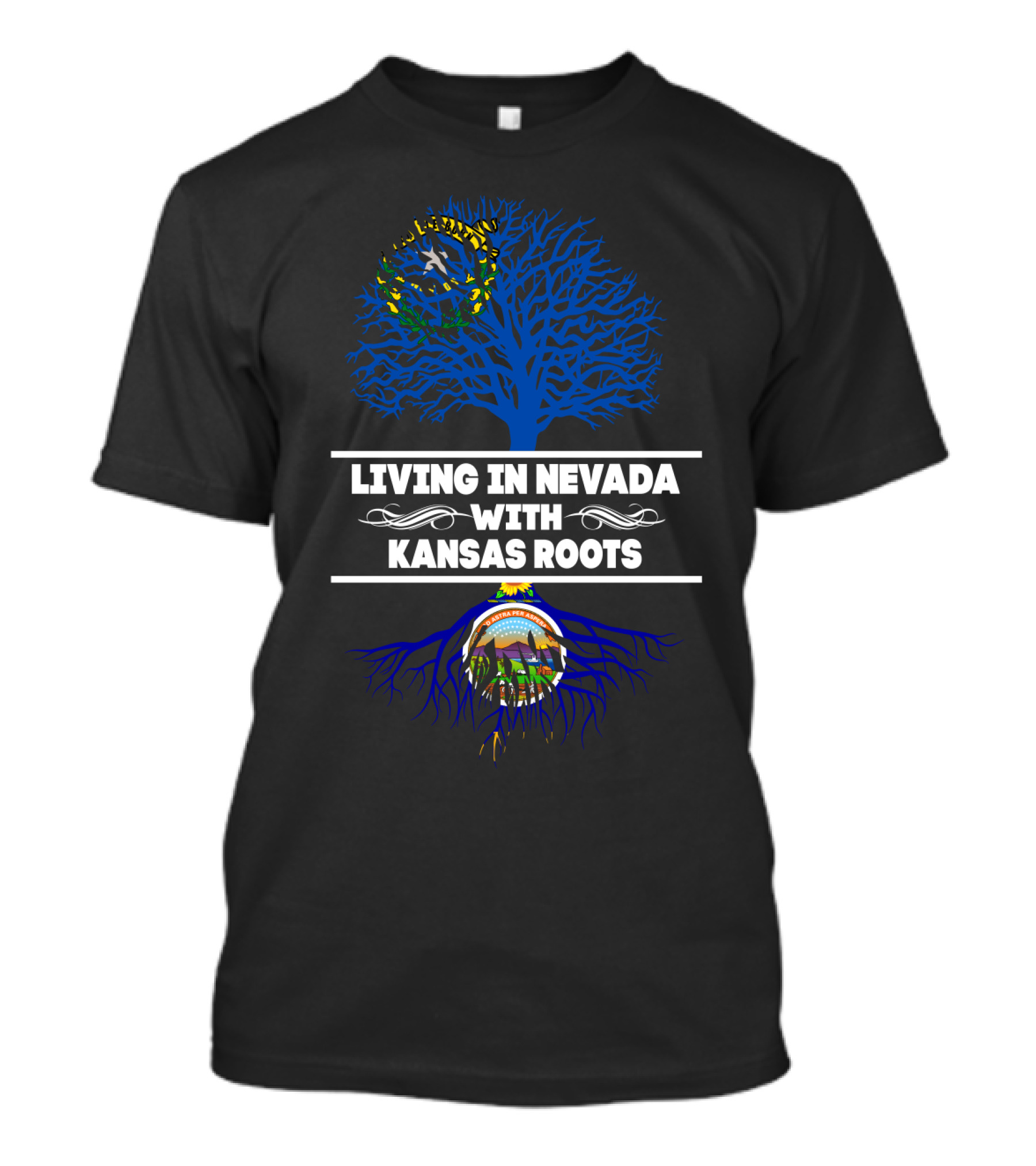 Living In Nevada With Kansas Roots Flag Tree And State Seal Elements T-Shirt