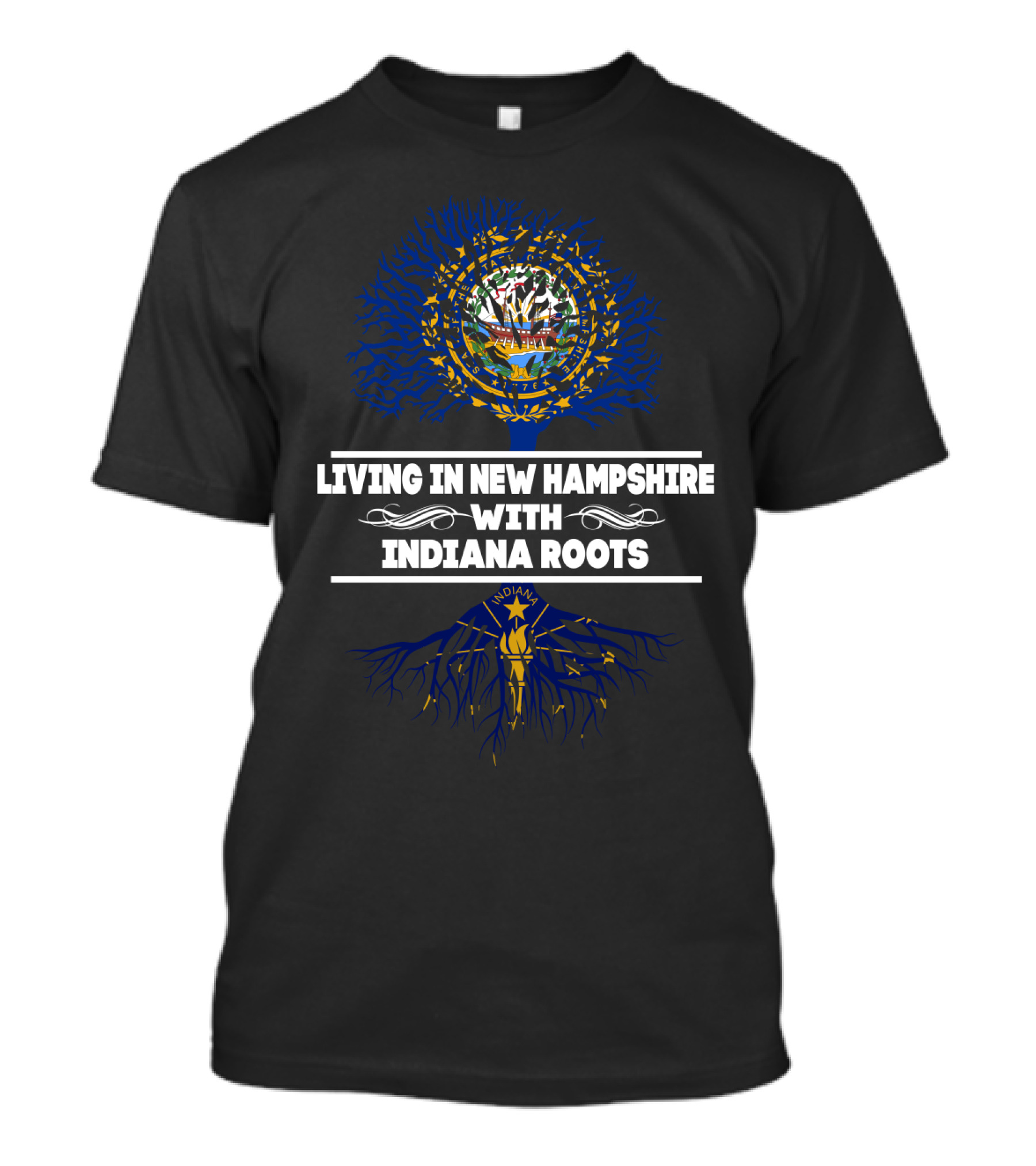 New Hampshire Living With Indiana Roots Tree Graphic And State Colors T-Shirt