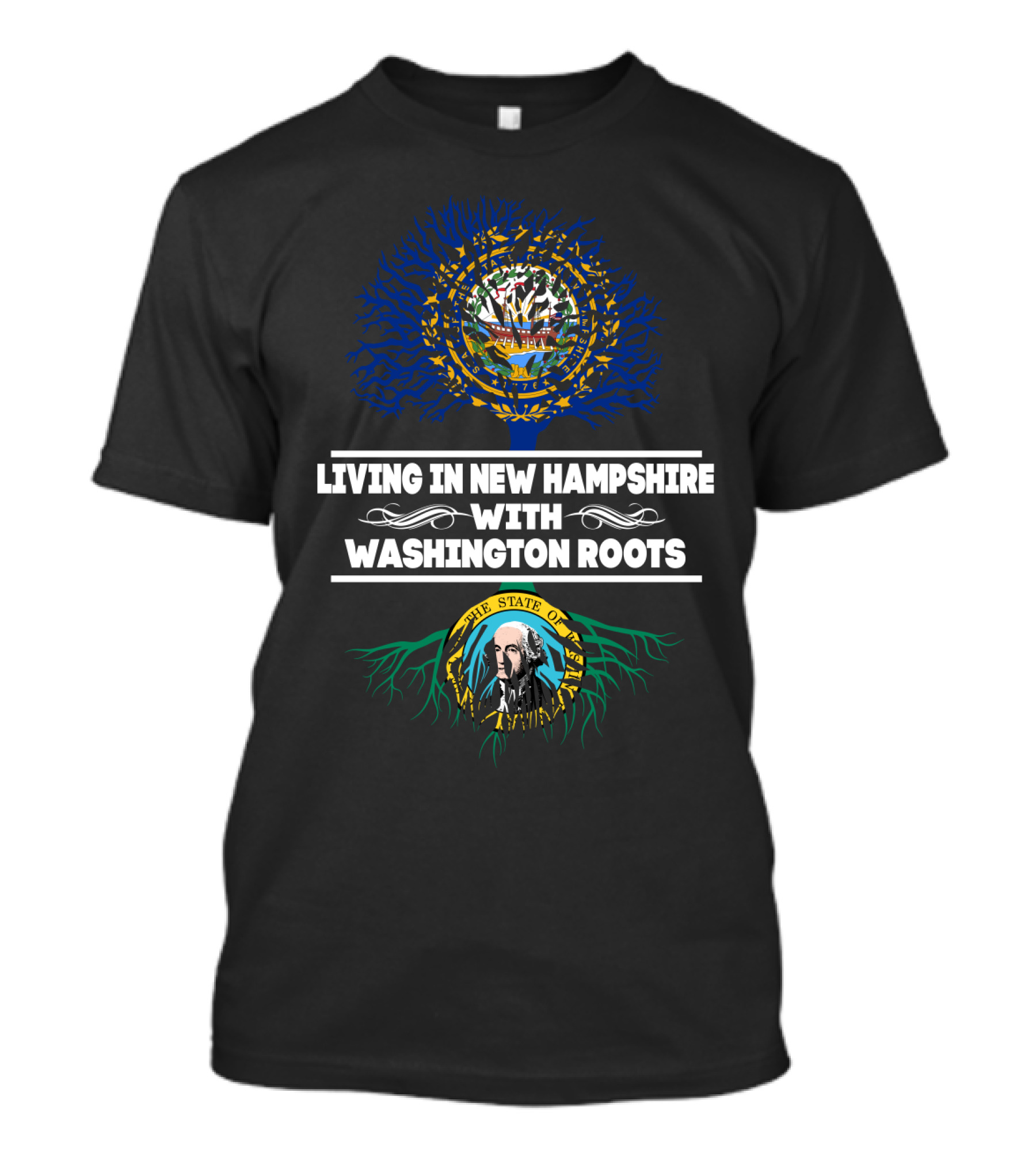 Living In New Hampshire With Washington State Symbols And Roots Flag T-Shirt