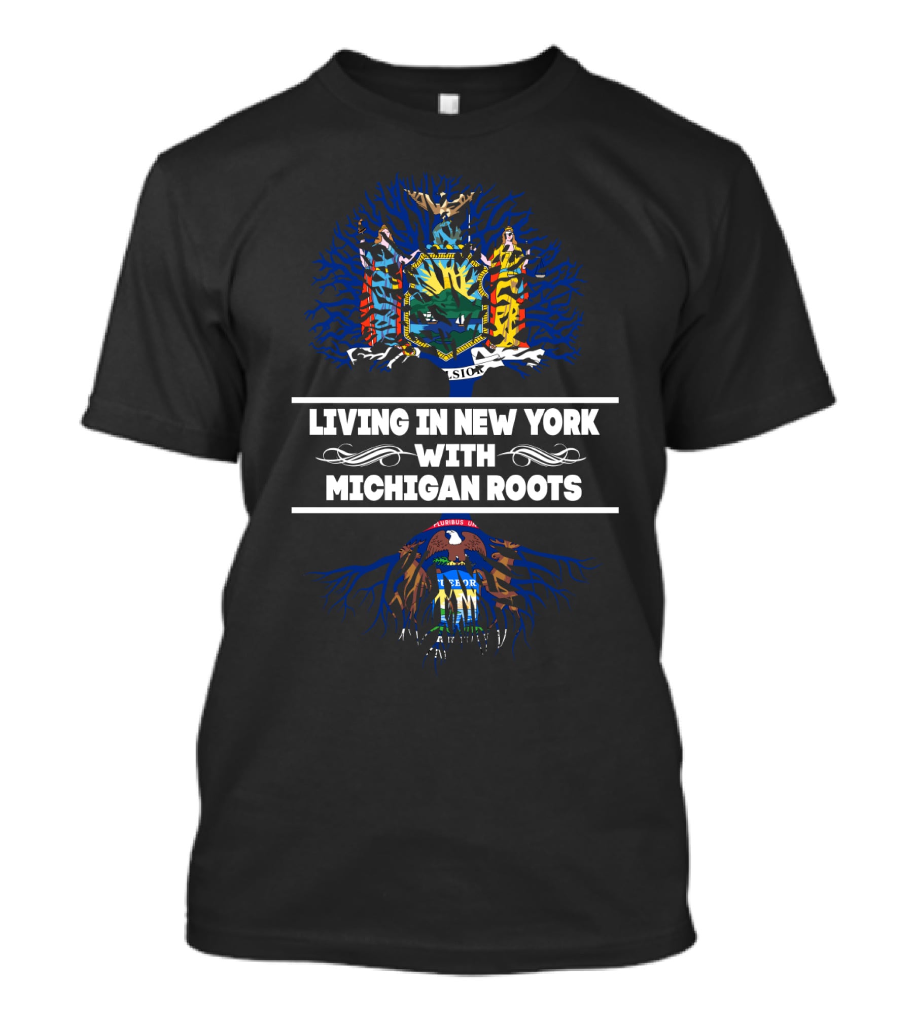Roots Of Michigan In New York With State Seals And Blue Tree T-Shirt