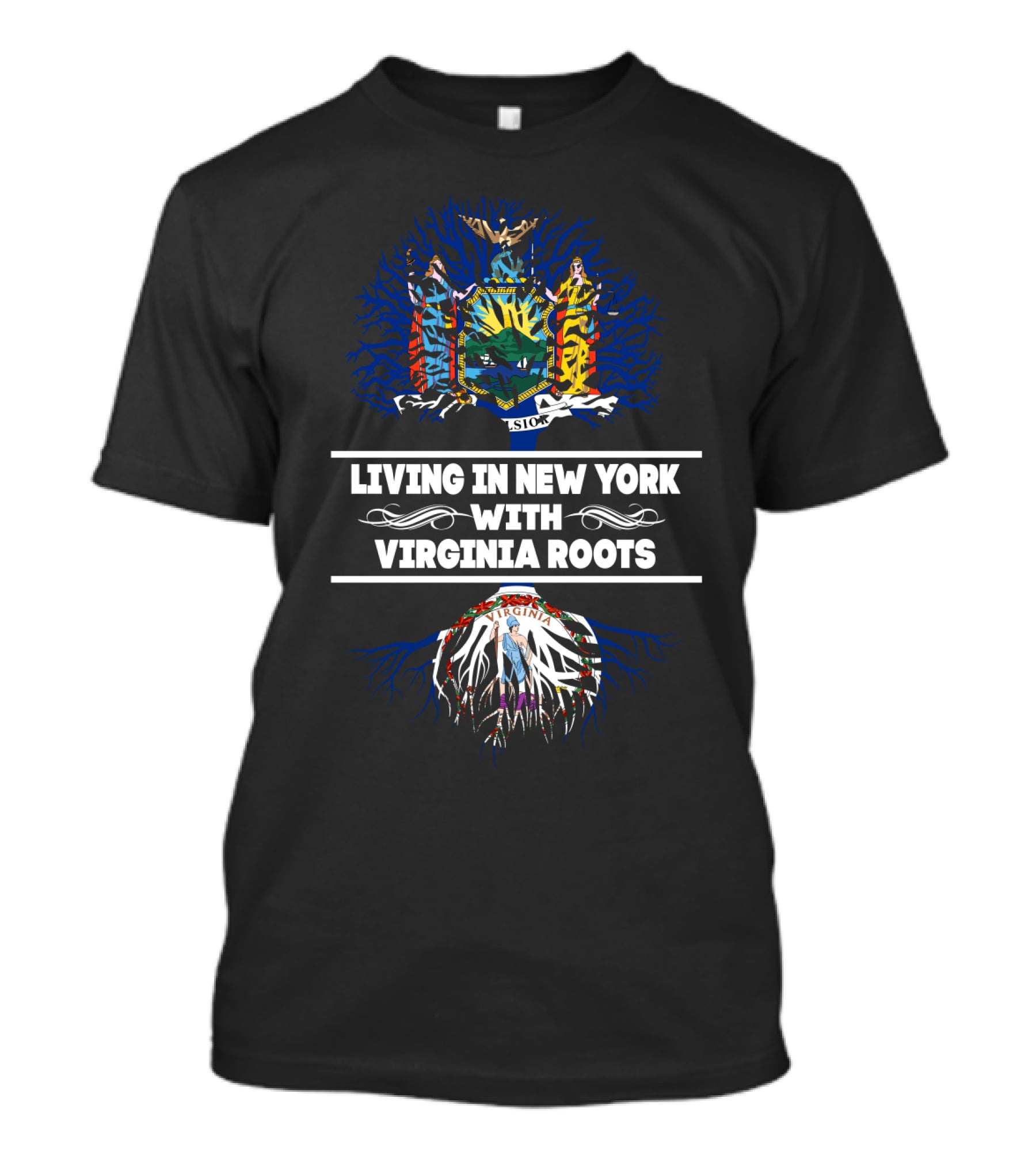 New York Living With Virginia Roots Heritage - State Seals And Tree T-Shirt