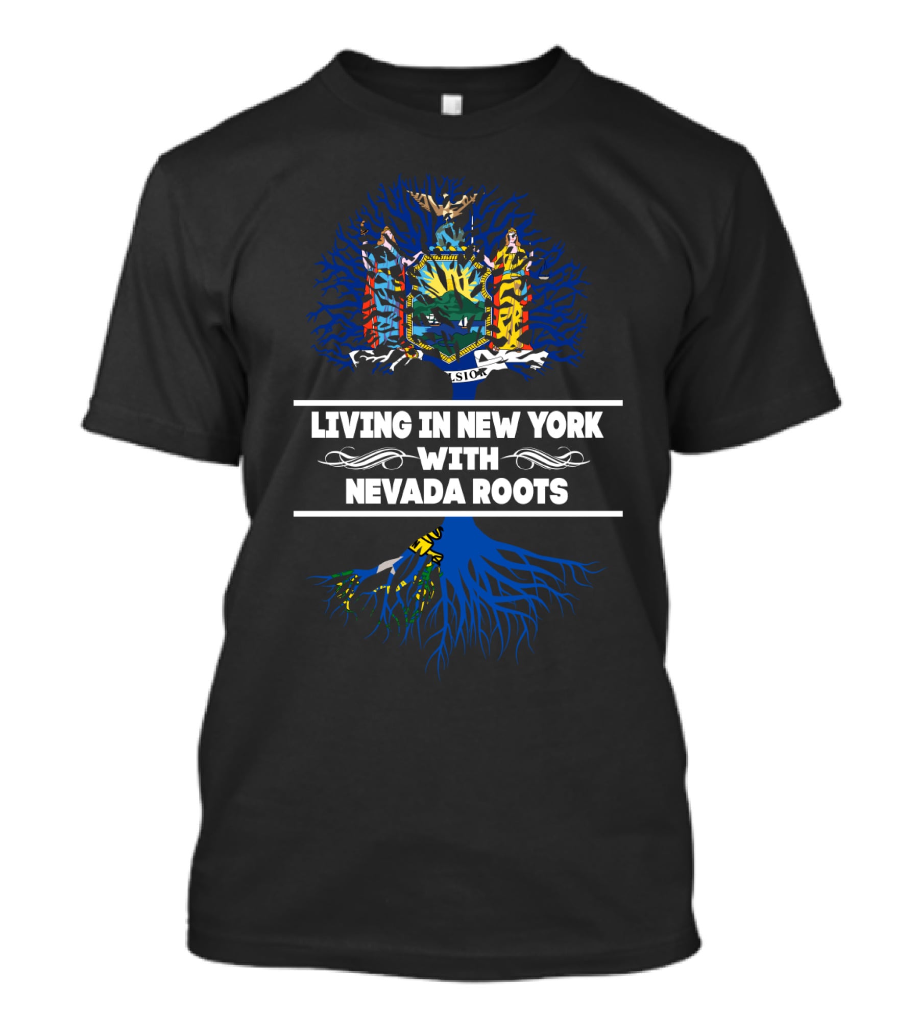Living In New York With Nevada Roots Emphasized By State Tree Design And Blue Roots T-Shirt