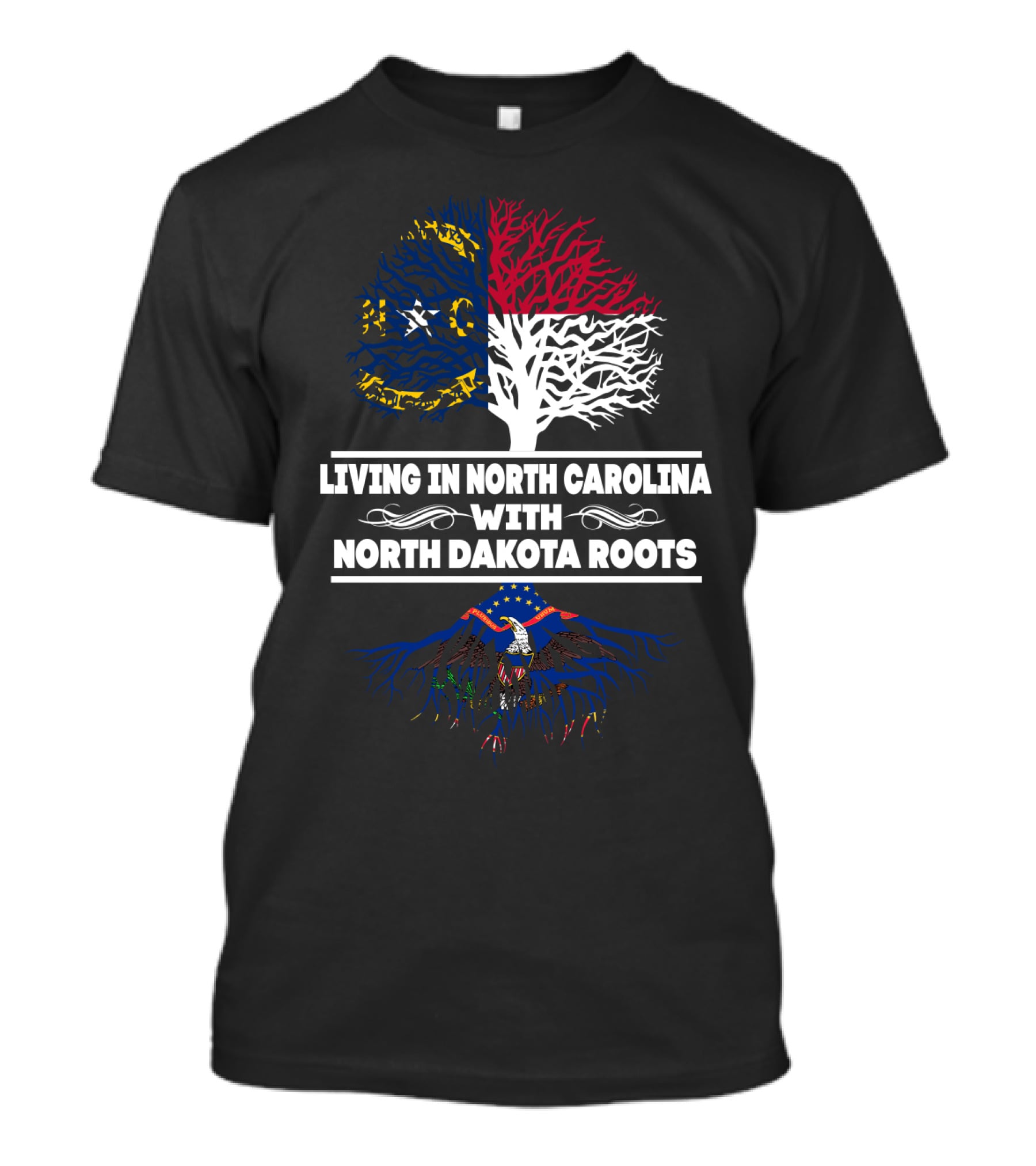 North Carolina State Flag And Tree With North Dakota Eagle Roots Connection T-Shirt