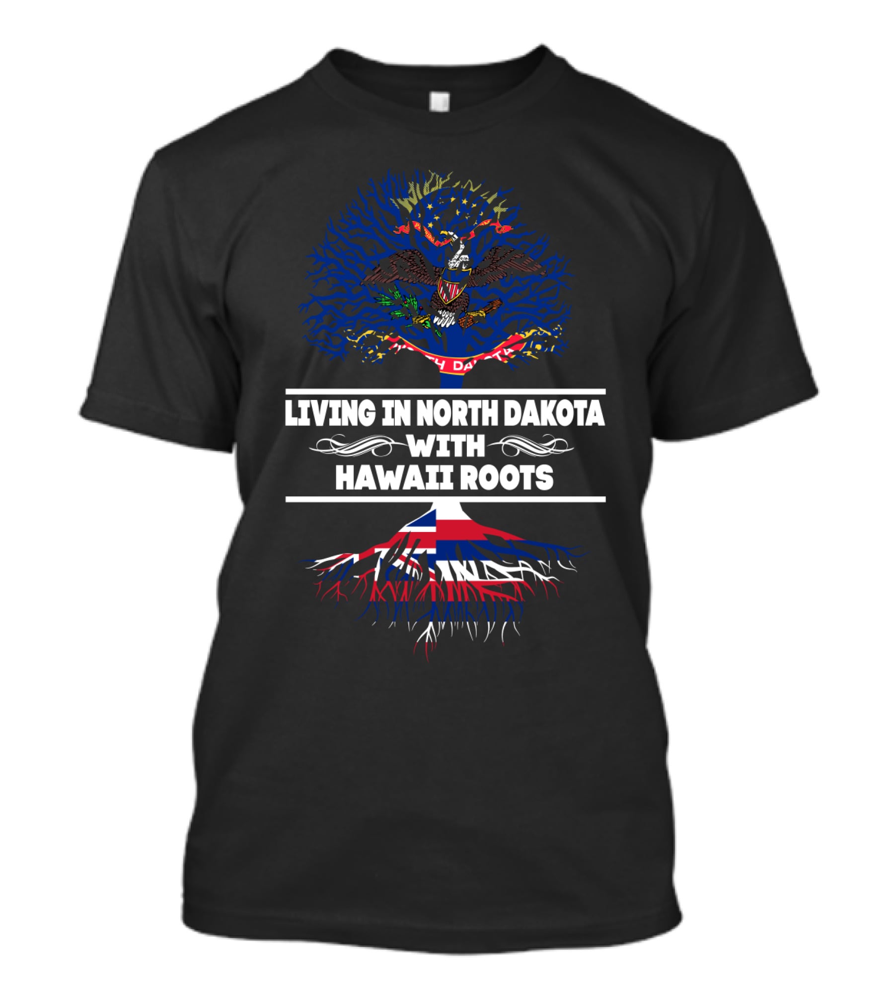 North Dakota Living With Hawaiian Roots Tree Design Featuring State Flag Elements T-Shirt