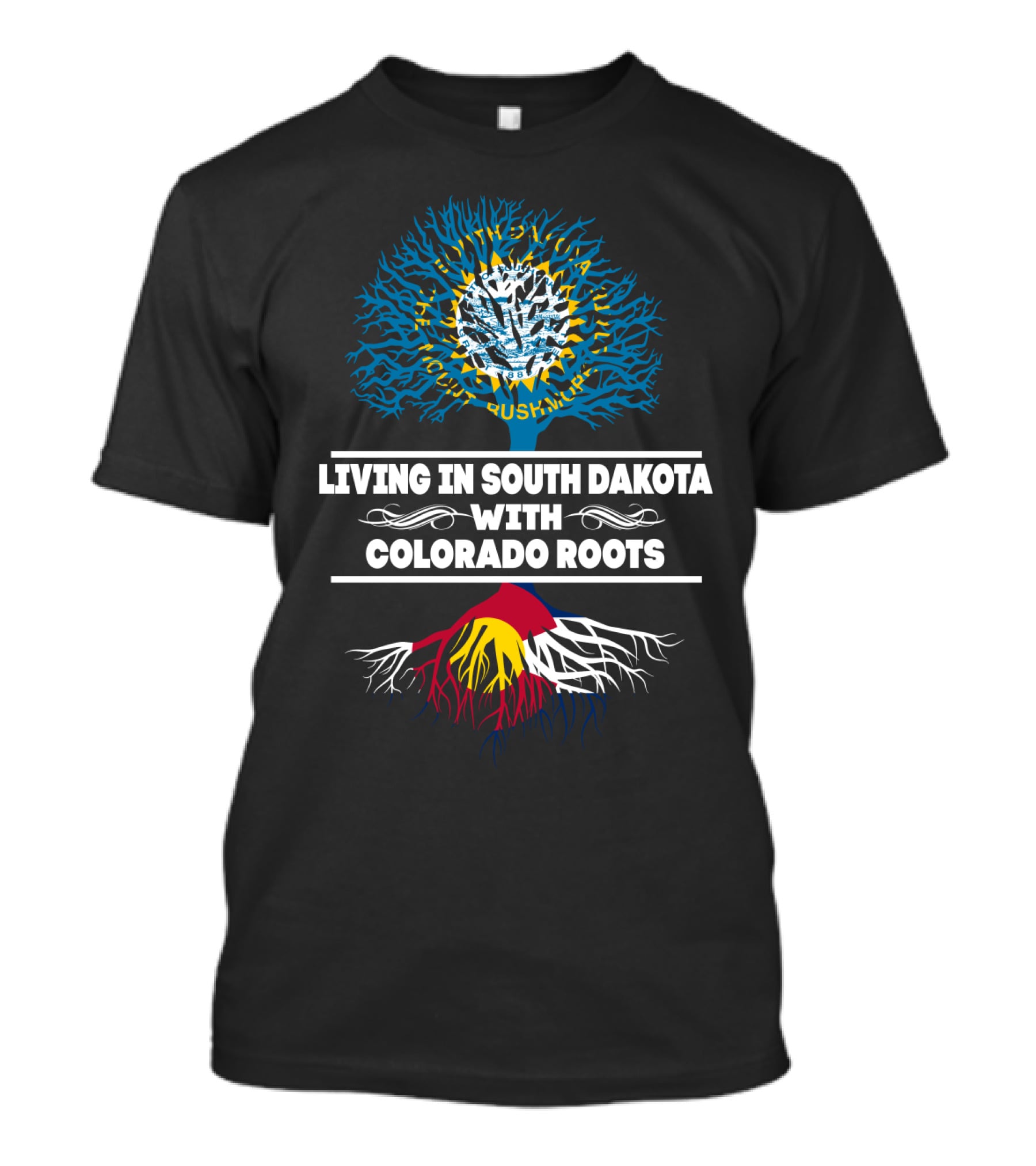 Living In South Dakota With Colorado Roots Tree With Nature Motif And Colorado Flag Colors T-Shirt