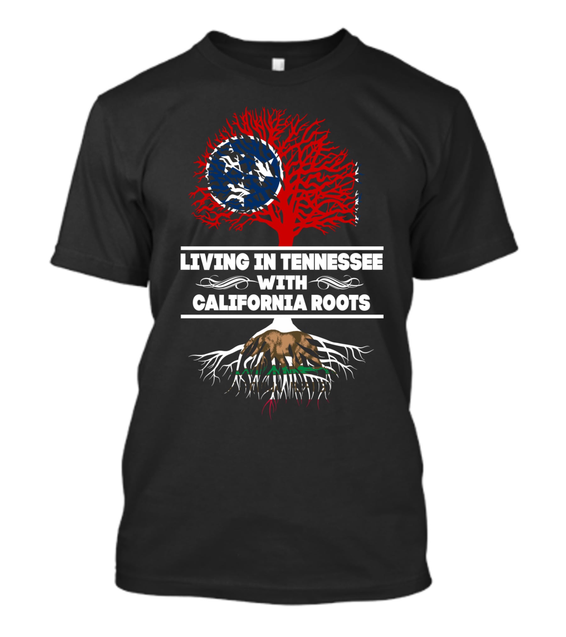Living In Tennessee With California Roots Featuring Tennessee Flag And California Bear Elements T-Shirt