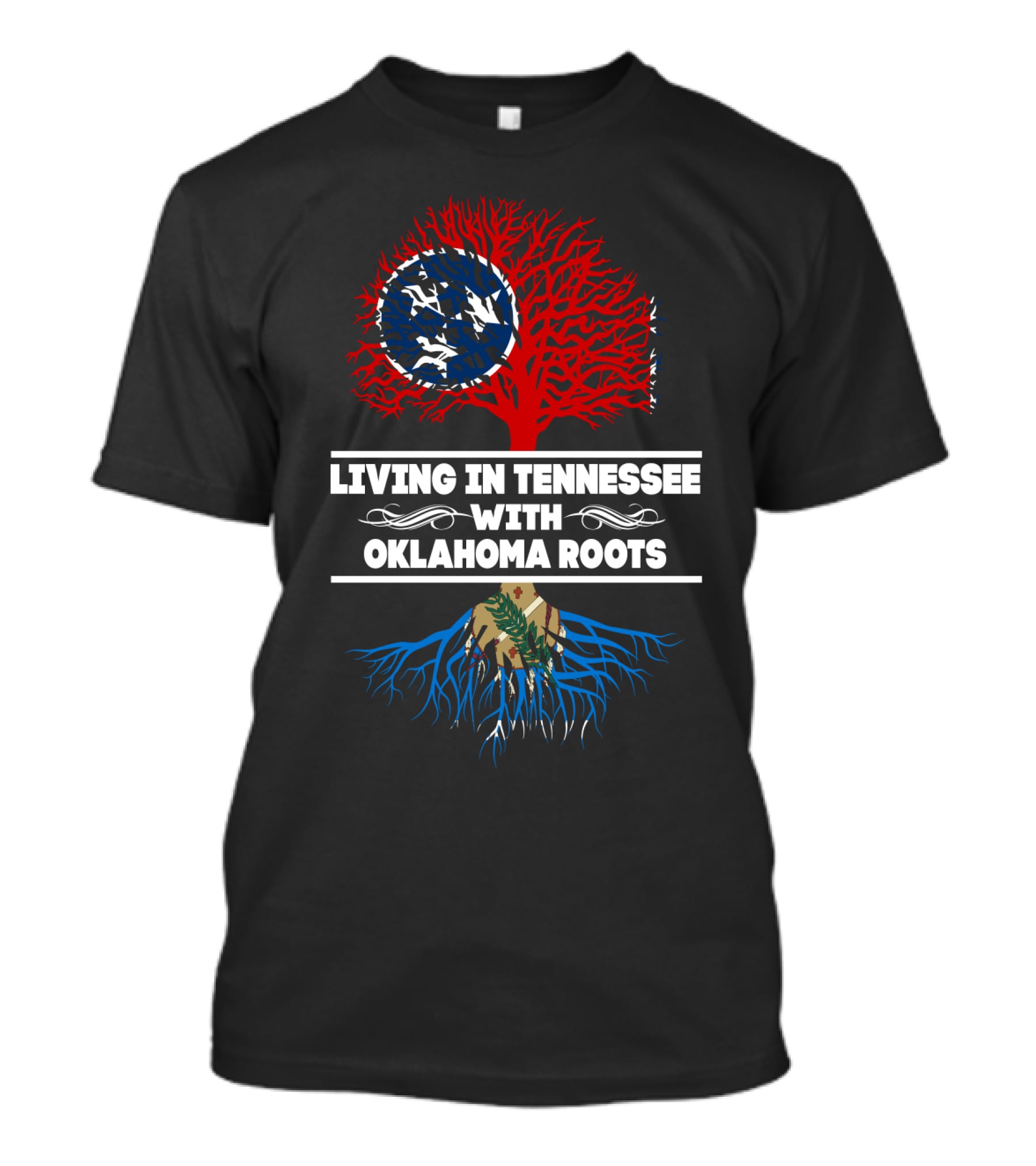 Tennessee Living With Oklahoma Roots Featuring State Flag-Inspired Tree T-Shirt