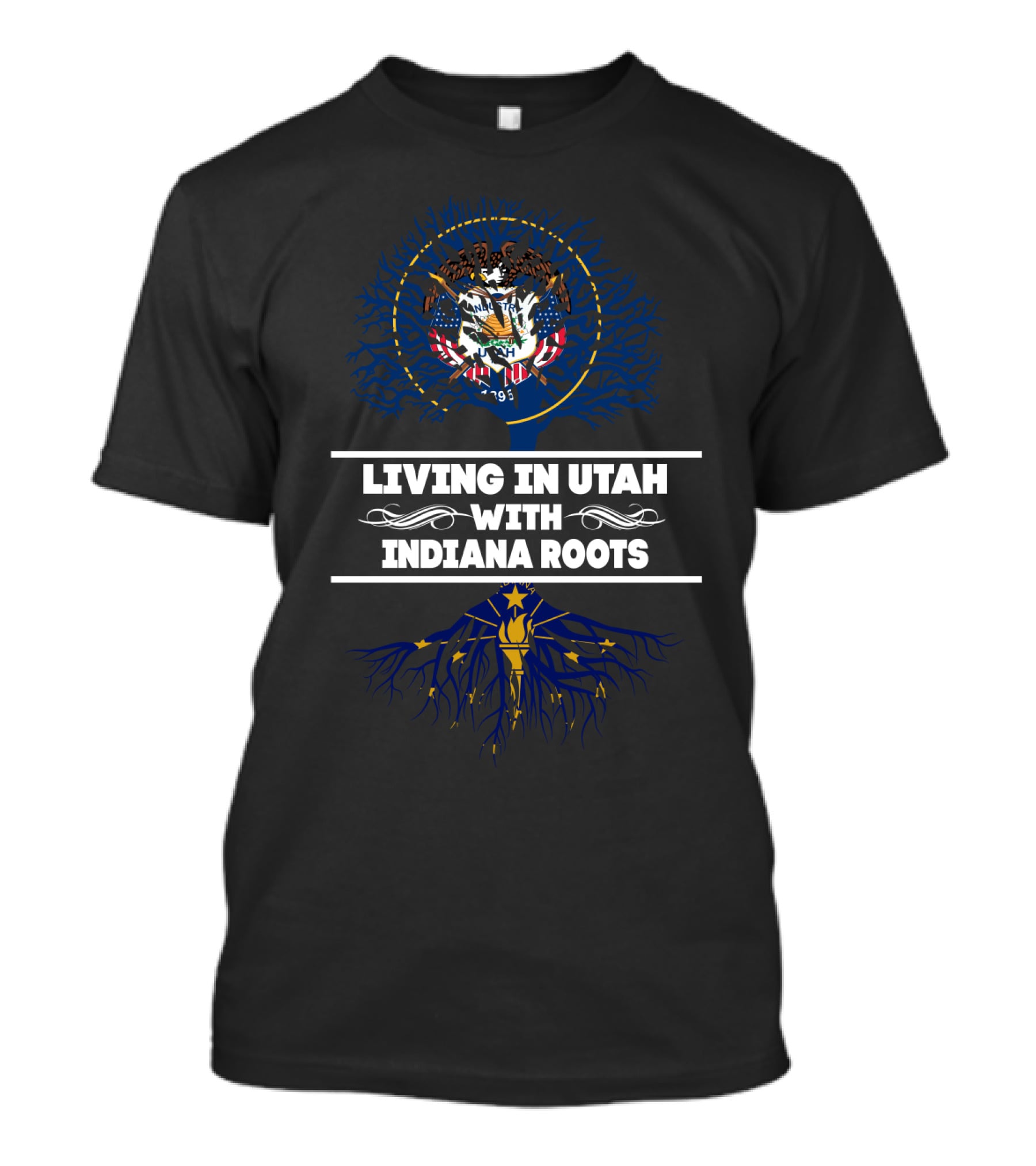 Living In Utah With Indiana Roots Featuring Utah State Seal And Indiana Tree Emblem T-Shirt