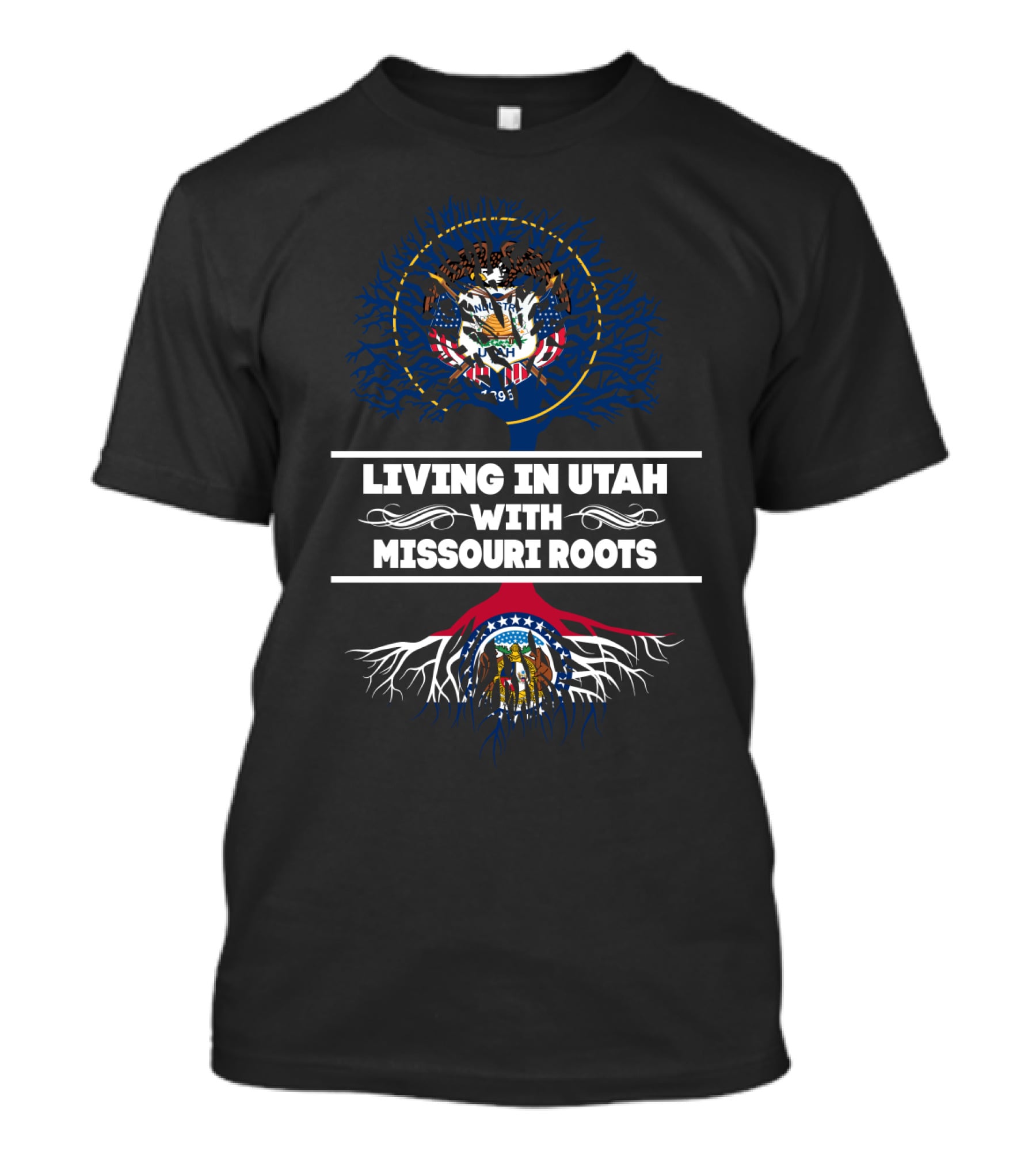 Utah And Missouri State Flags With Intertwined Roots Displayed In Living In Utah With Missouri Roots T-Shirt