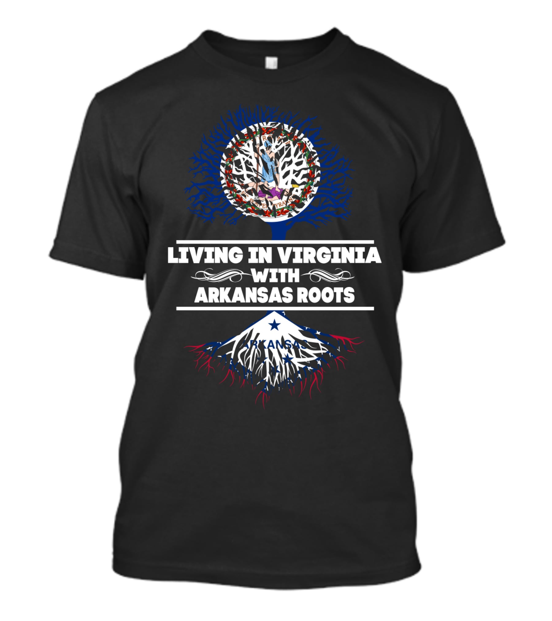 Living In Virginia With Arkansas Roots Tree Design Featuring Virginia Seal And Arkansas Flag Elements T-Shirt