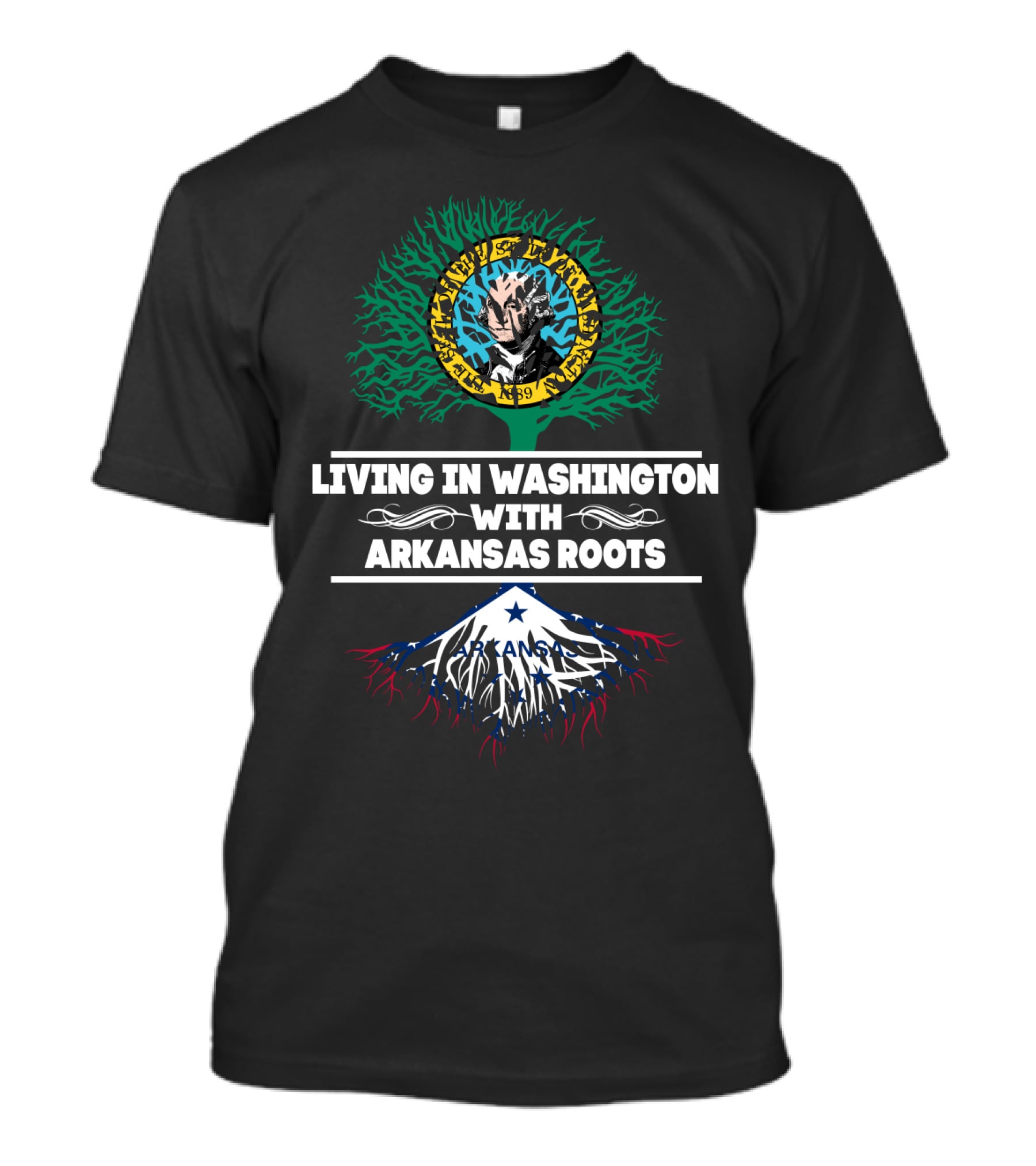 Living In Washington With Arkansas Roots Tree Design With Mount Rainier And Flag Elements T-Shirt