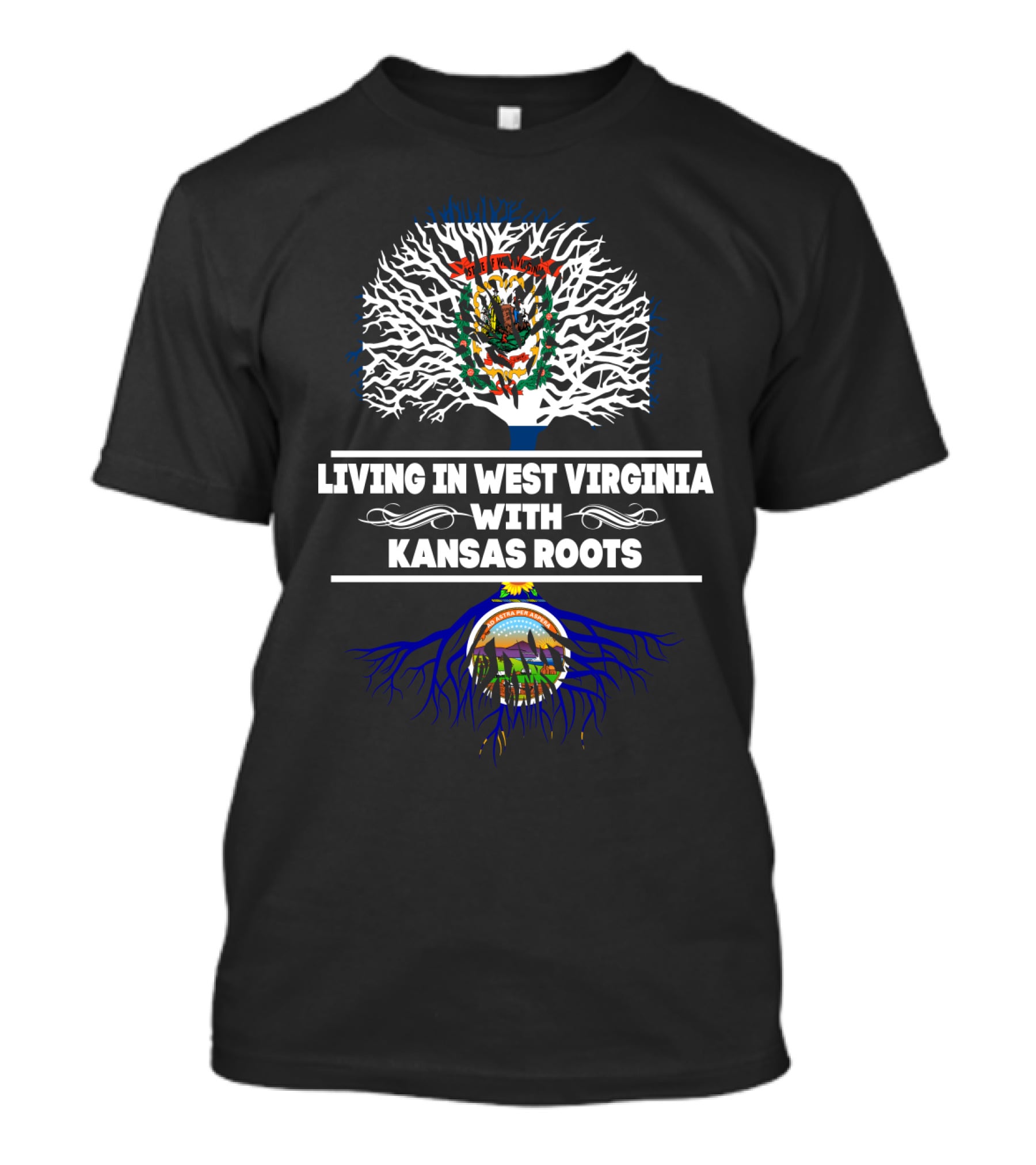 Living In West Virginia With Kansas Roots West Virginia And Kansas State Crests Tree T-Shirt