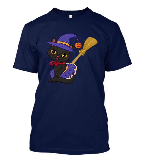 Halloween Black Cat In Witch Hat With Broom And Pumpkin Charm T-Shirt