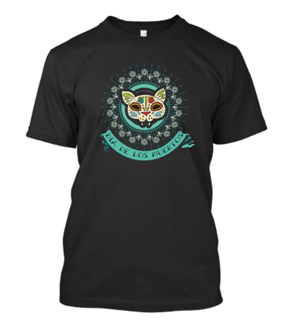 Dia De Los Muertos Sugar Skull Cat With Floral Decor In Teal And White T-Shirt