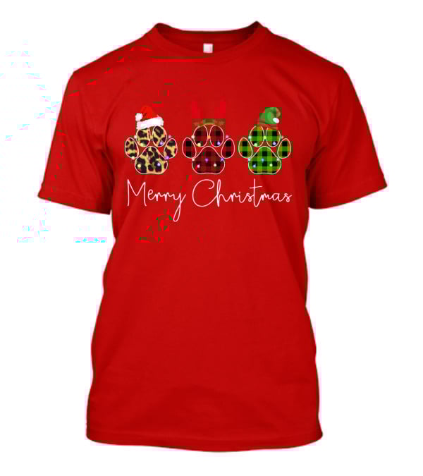 Merry Christmas Plaid Leopard Paw Santa Hat Reindeer Antlers Green Elf Hat T-Shirt