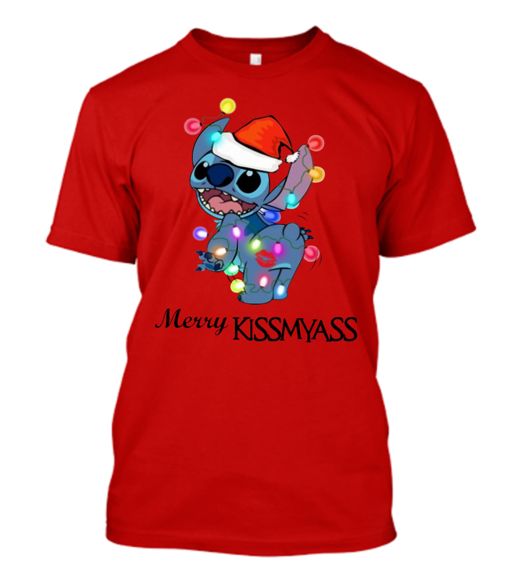 Merry Kissmyass Christmas Stitch Santa Hat Lights T-Shirt