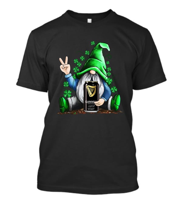 Guinness Can Holding Irish Gnome With Shamrocks Peace Sign St Patrick's Day T-Shirt