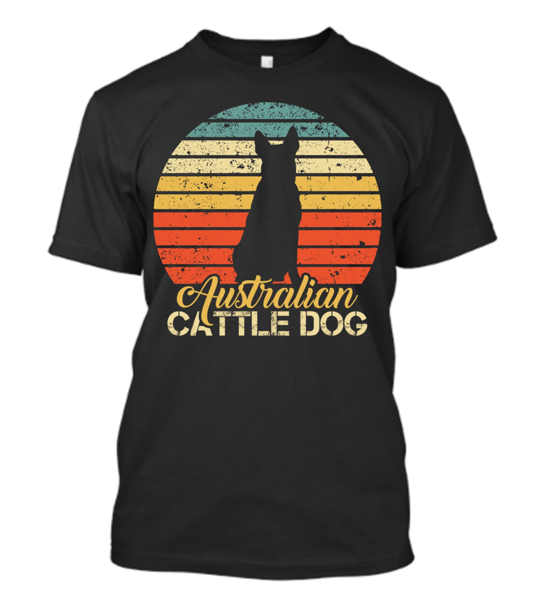 Retro Australian Cattle Dog Silhouette With Vintage Striped Sunset T-Shirt