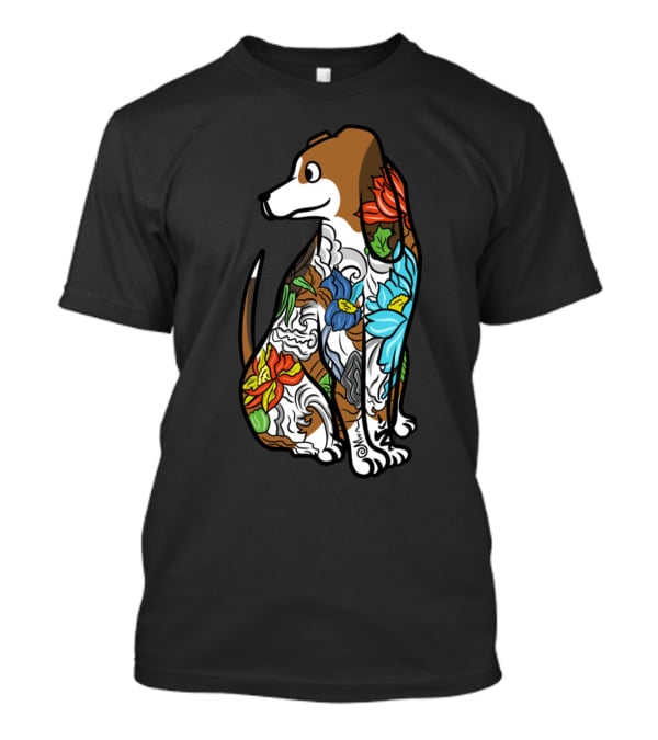 Basset Hound Tattoo Floral Art Design With Vibrant Colors T-Shirt