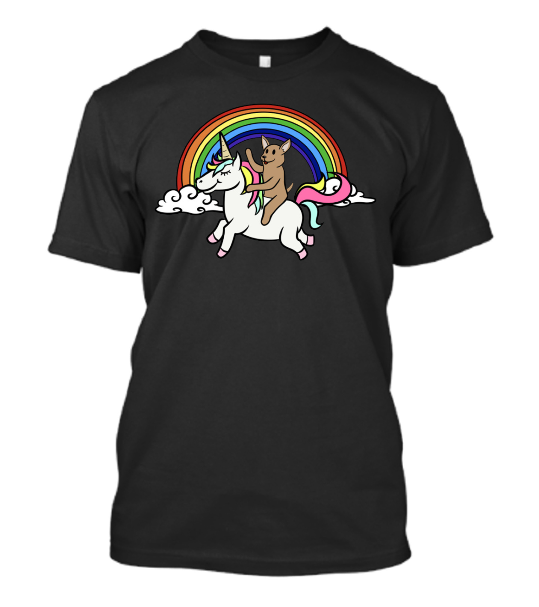 Chihuahua Joyfully Riding Unicorn Under Vibrant Rainbow T-Shirt