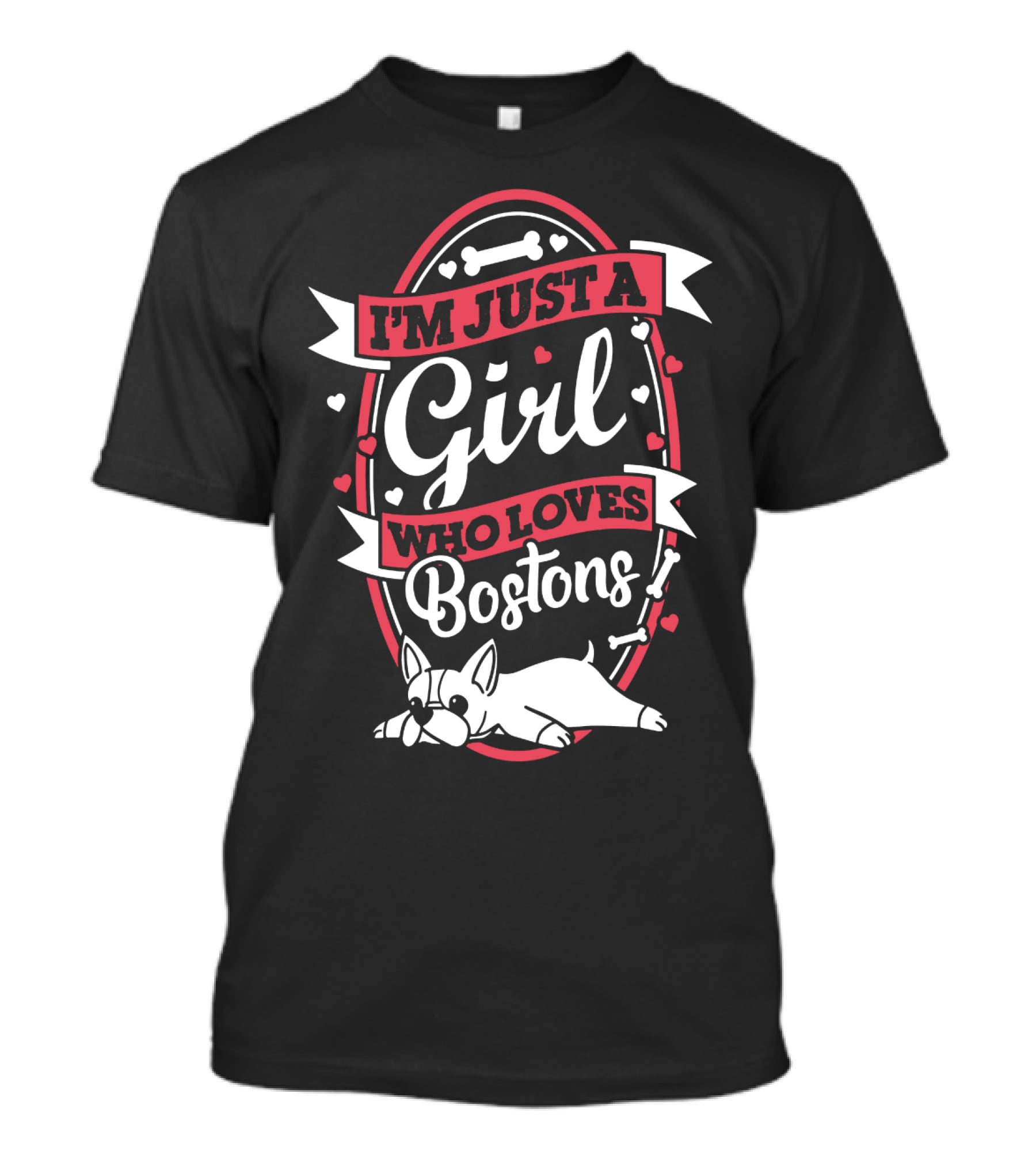 I'm Just A Girl Who Loves Bostons With Bones And Hearts Border T-Shirt