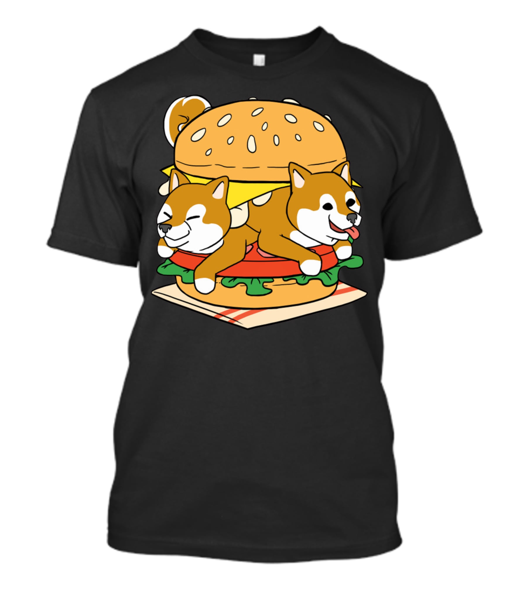 Shiba Inu Hamburger Parody With Cute Dog Duo Inside Cheeseburger Bun T-Shirt
