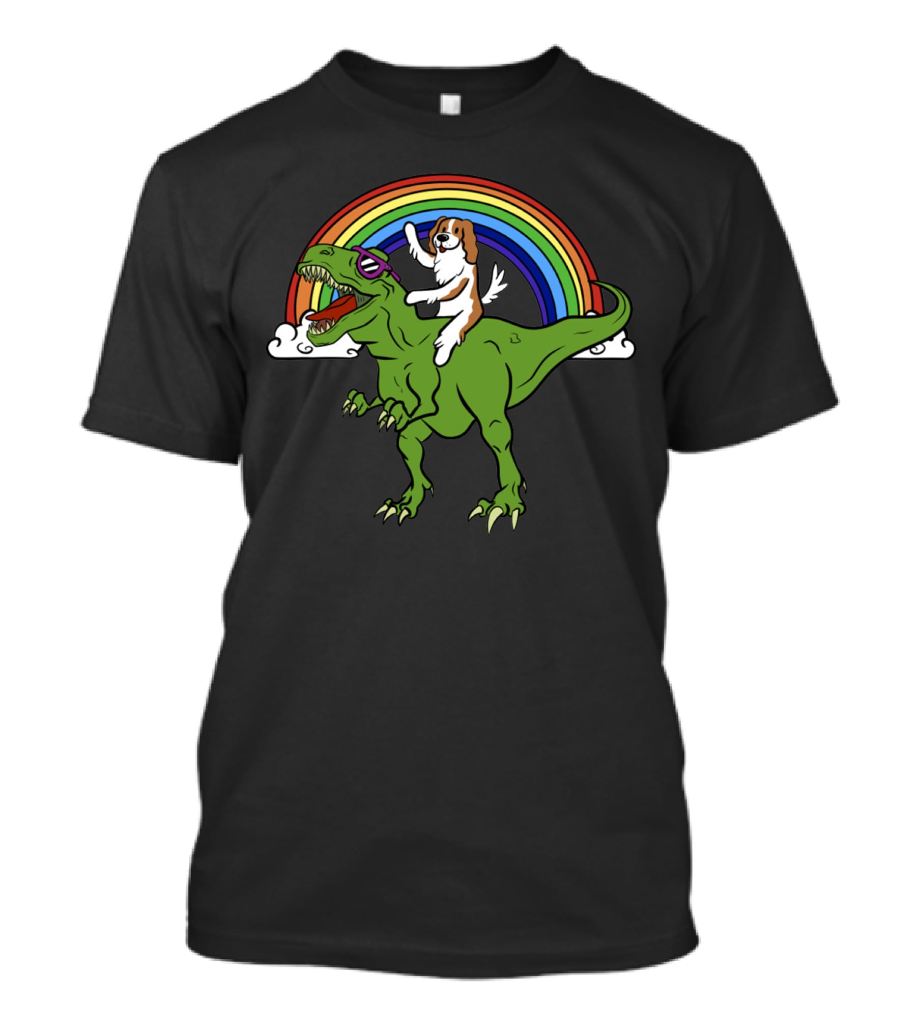 Cavalier Dinosaur With Dog And Rainbow T-Shirt