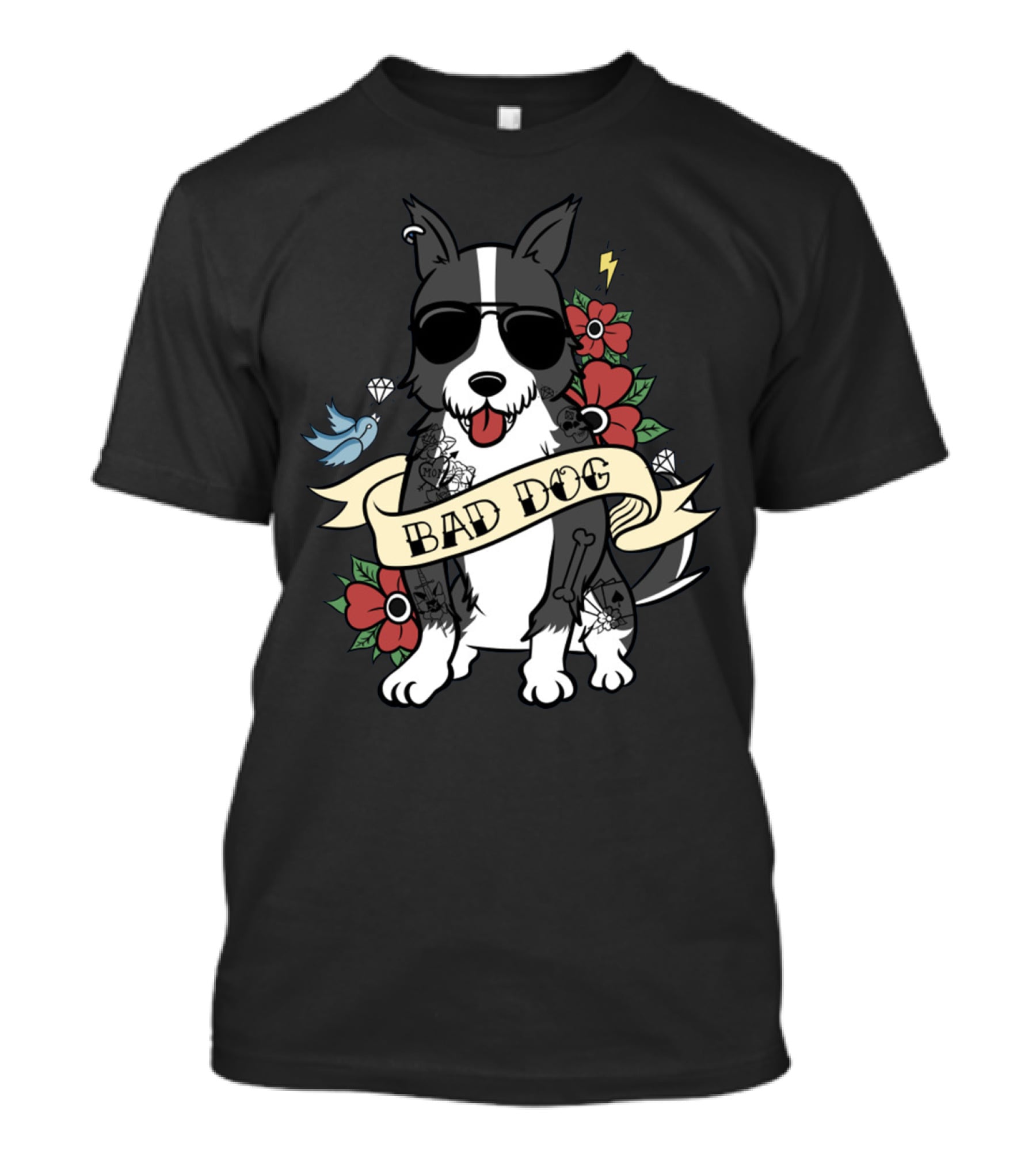 BORDER COLLIE BAD DOG TATTOO STYLE WITH SUNGLASSES AND FLOWERS T-Shirt