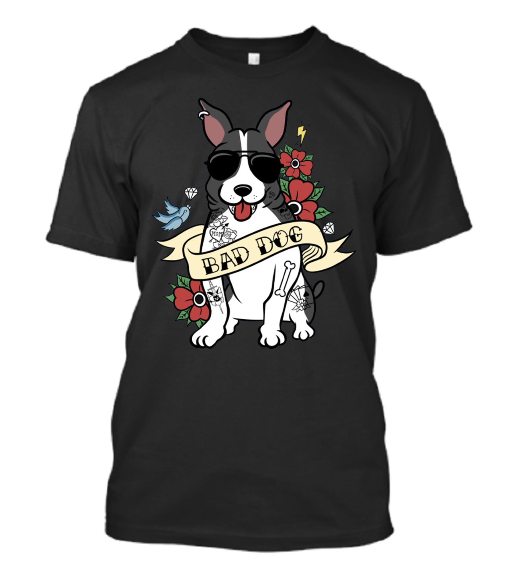 BAD DOG BOSTON TERRIER WITH TATTOOS AND SUNGLASSES FLORAL AND LIGHTNING T-Shirt