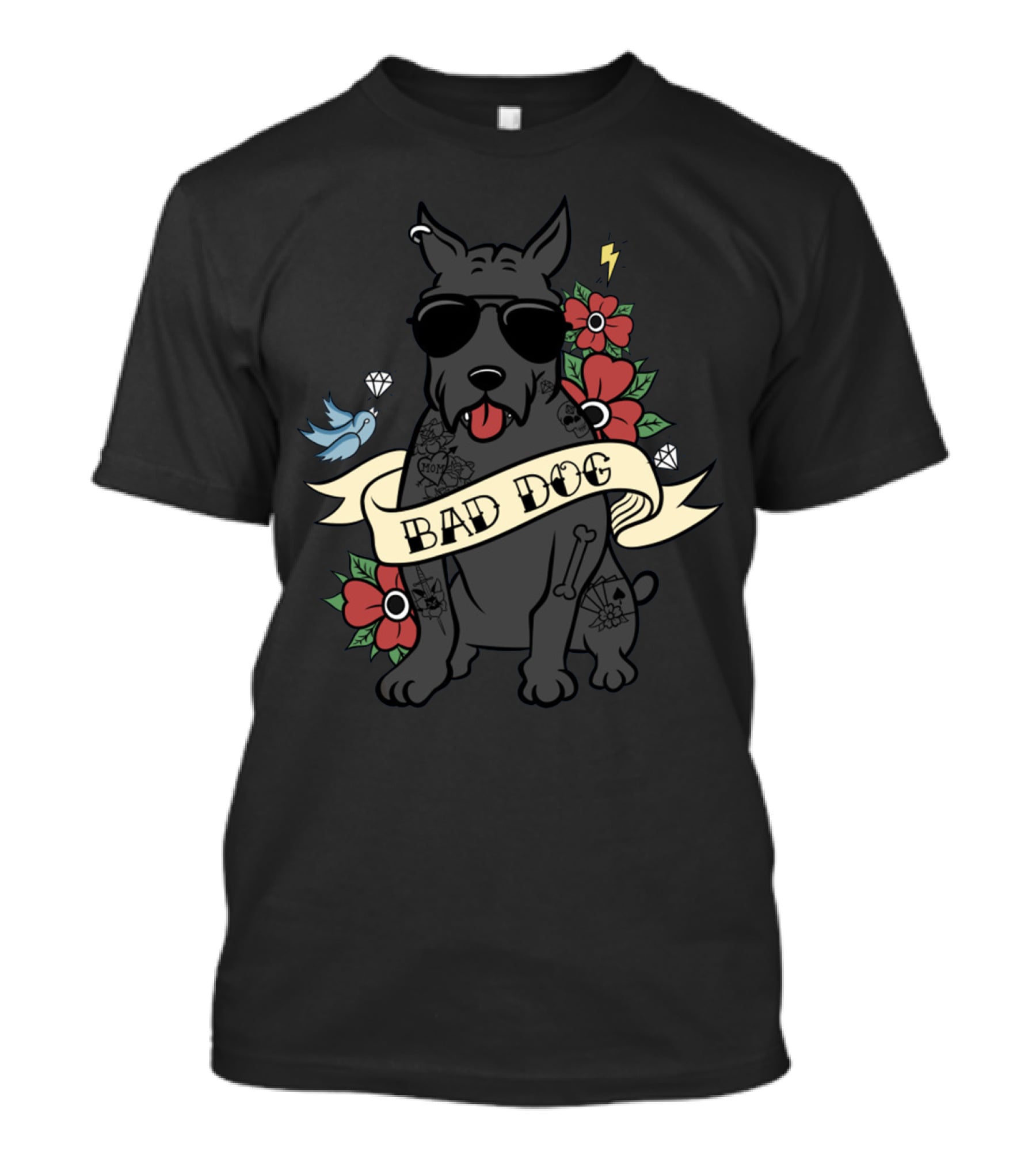 Cane Corso Bad Dog Sunglasses Tattoo Art With Flowers Lightning Bone Banner T-Shirt