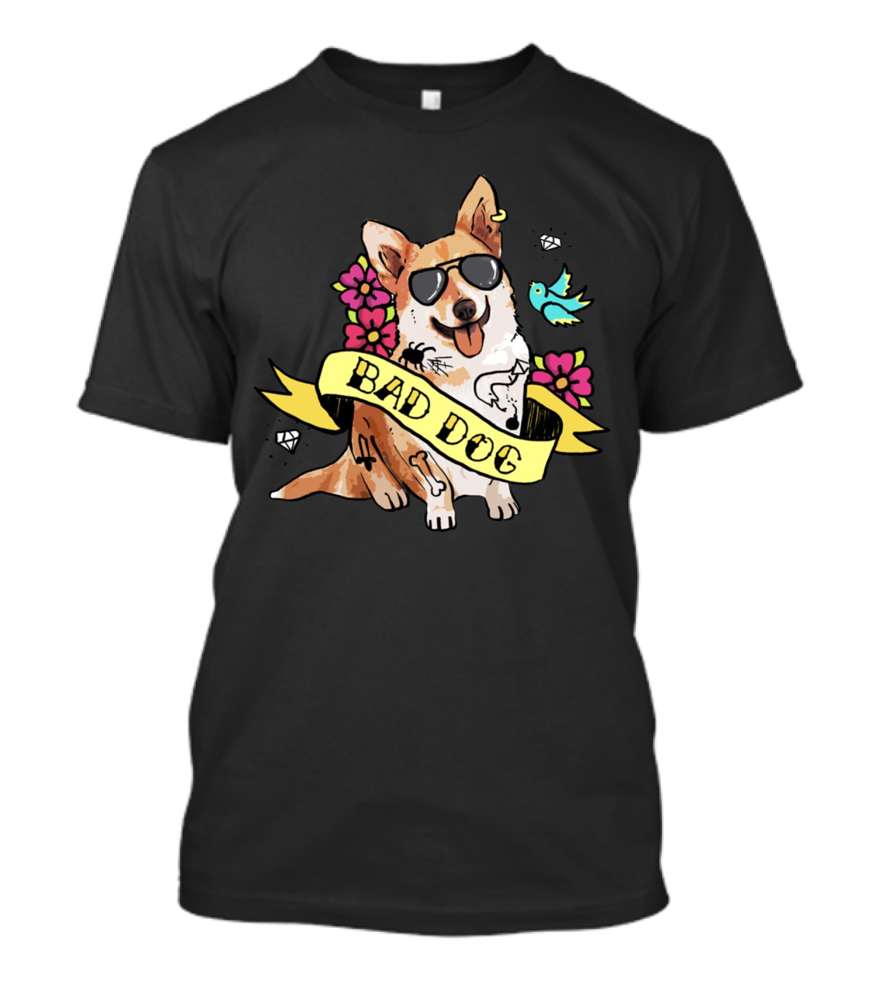 BAD DOG CORGI WITH SUNGLASSES AND FLOWERS T-Shirt